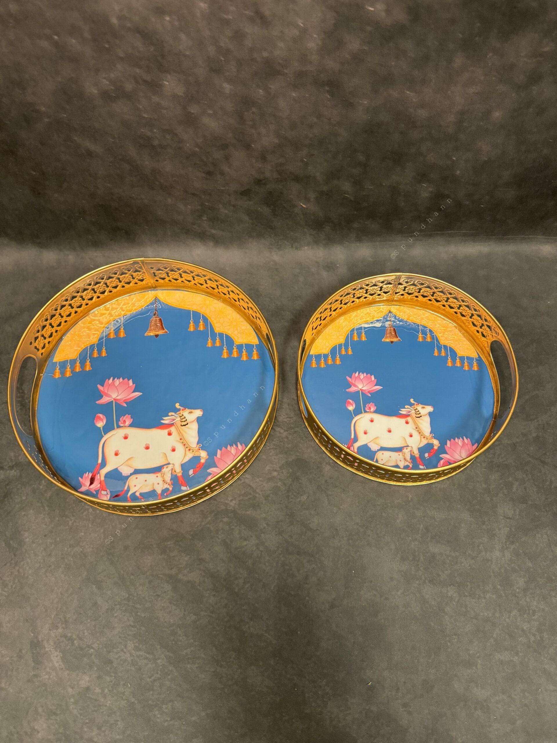 Circular Golden Tray With Pichwai Art Picture Set of 2
