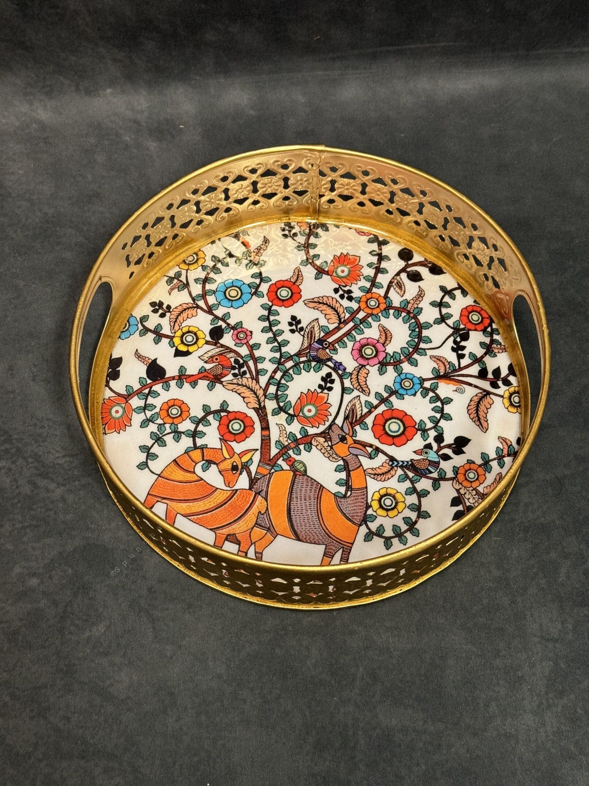 Circular Golden Tray With Pichwai Art Picture Set of 2