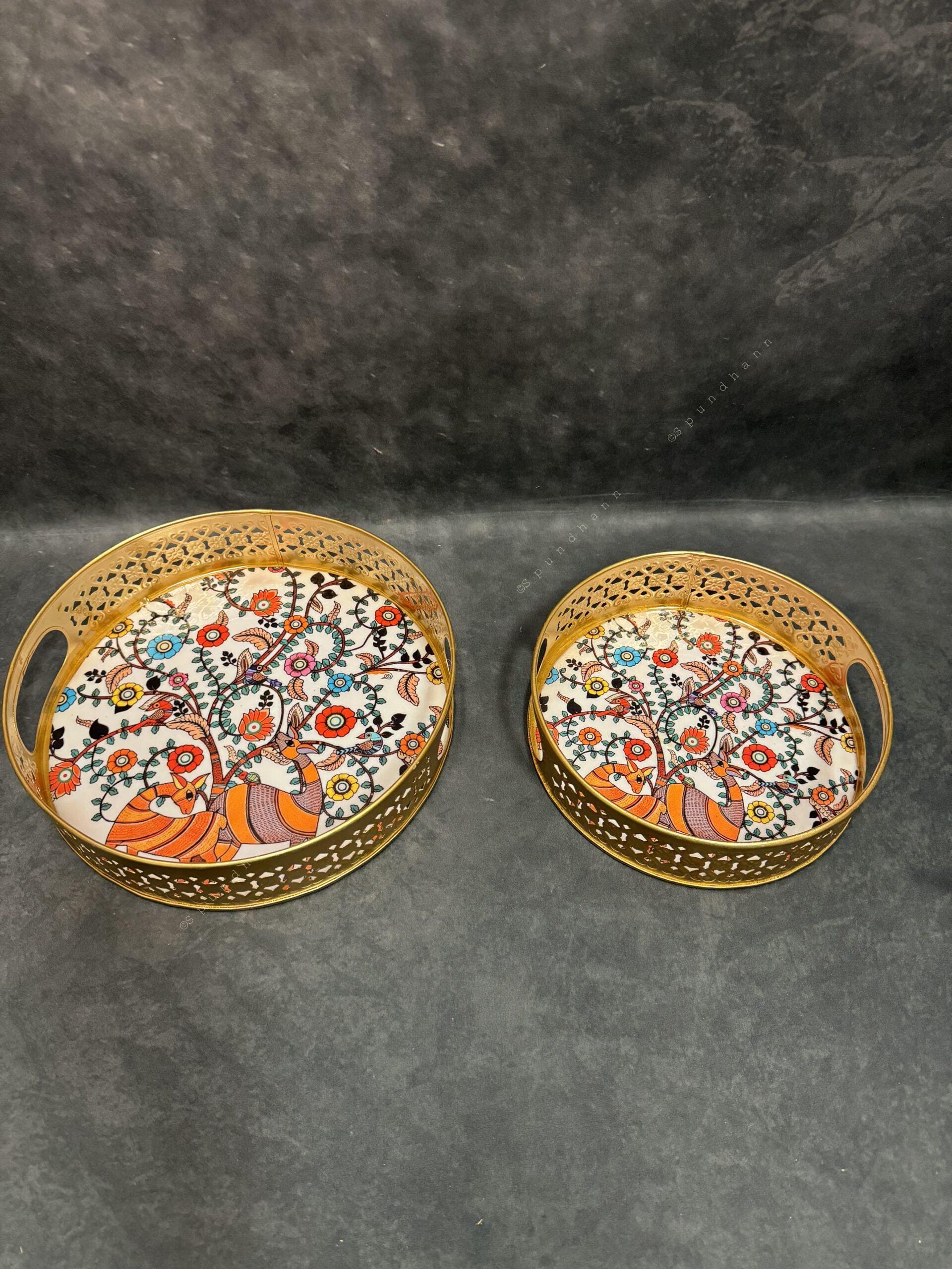 Circular Golden Tray With Pichwai Art Picture Set of 2