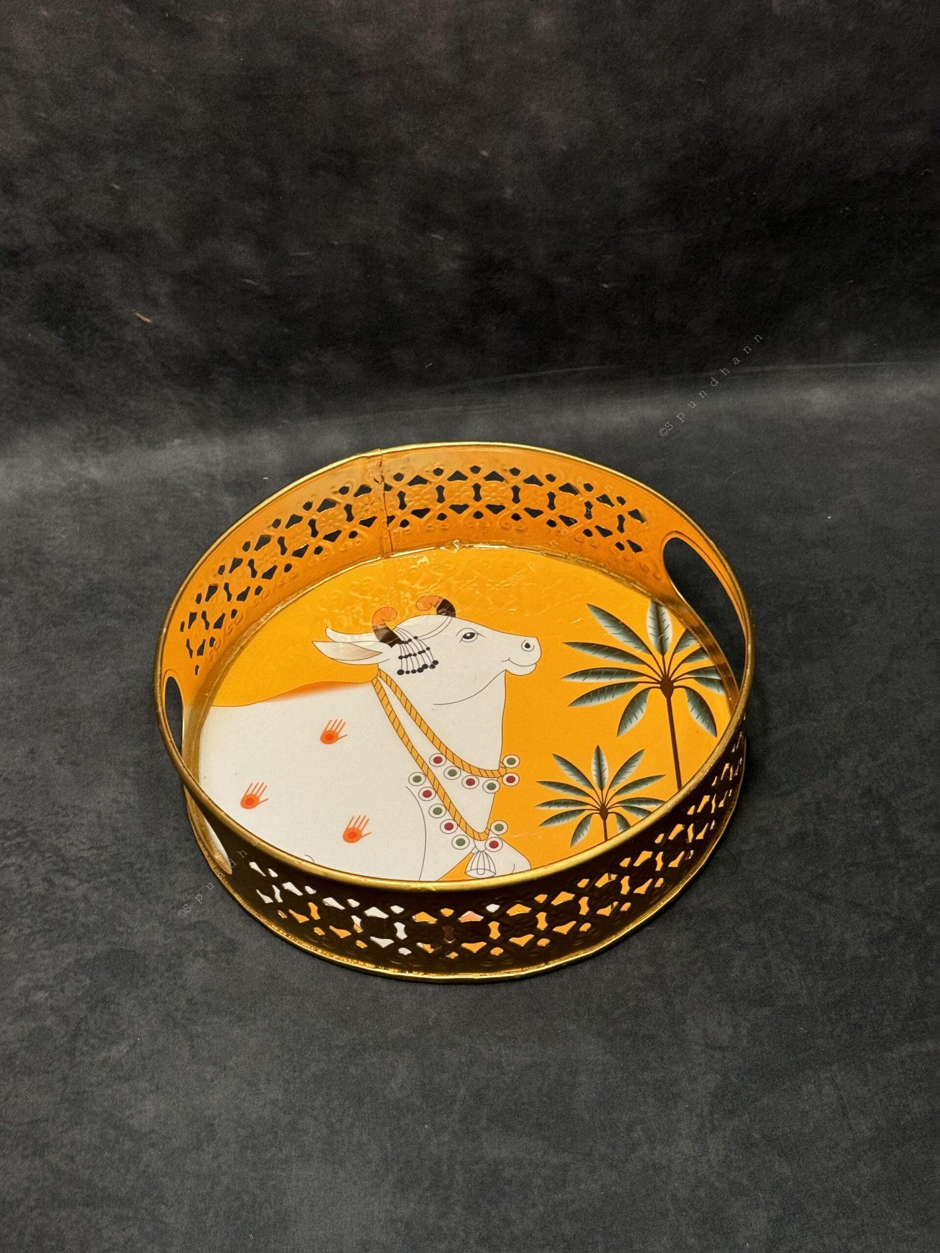 Circular Golden Tray With Pichwai Art Picture Set of 2