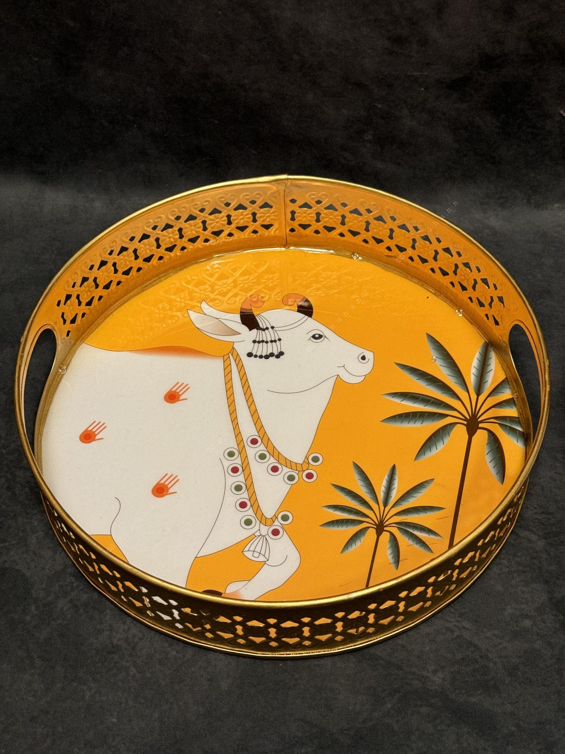 Circular Golden Tray With Pichwai Art Picture Set of 2