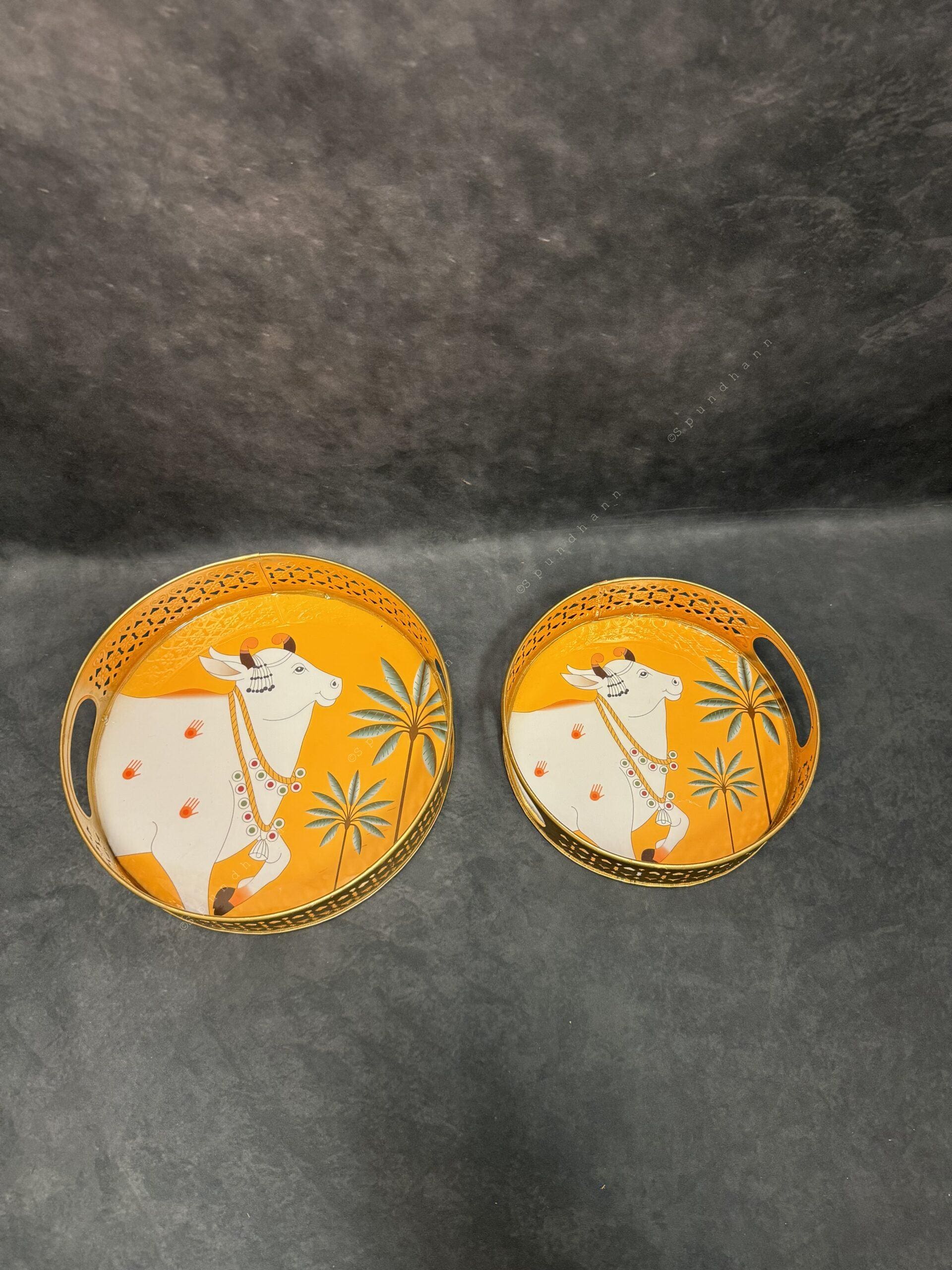 Circular Golden Tray With Pichwai Art Picture Set of 2