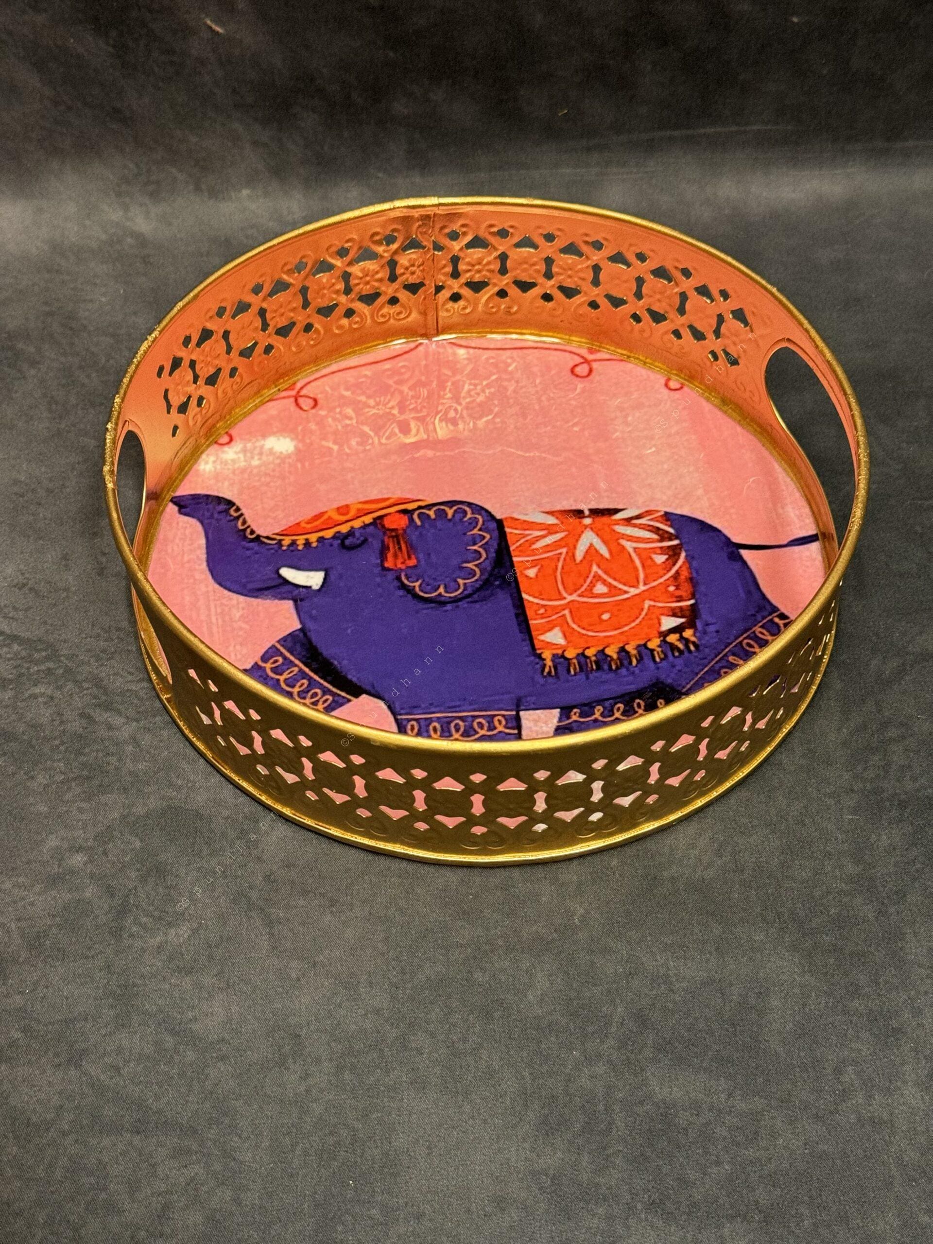 Circular Golden Tray With Pichwai Art Picture Set of 2