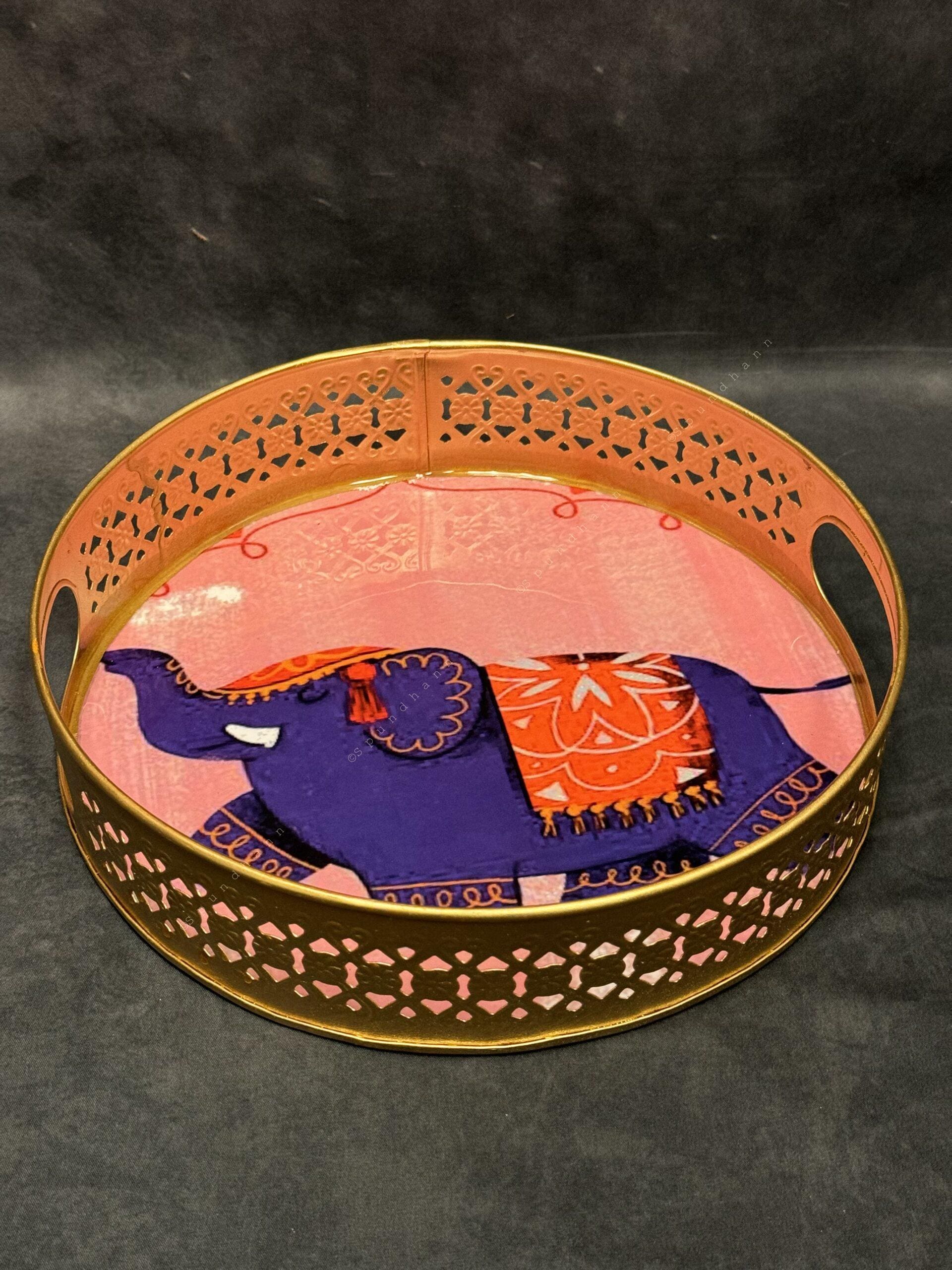 Circular Golden Tray With Pichwai Art Picture Set of 2