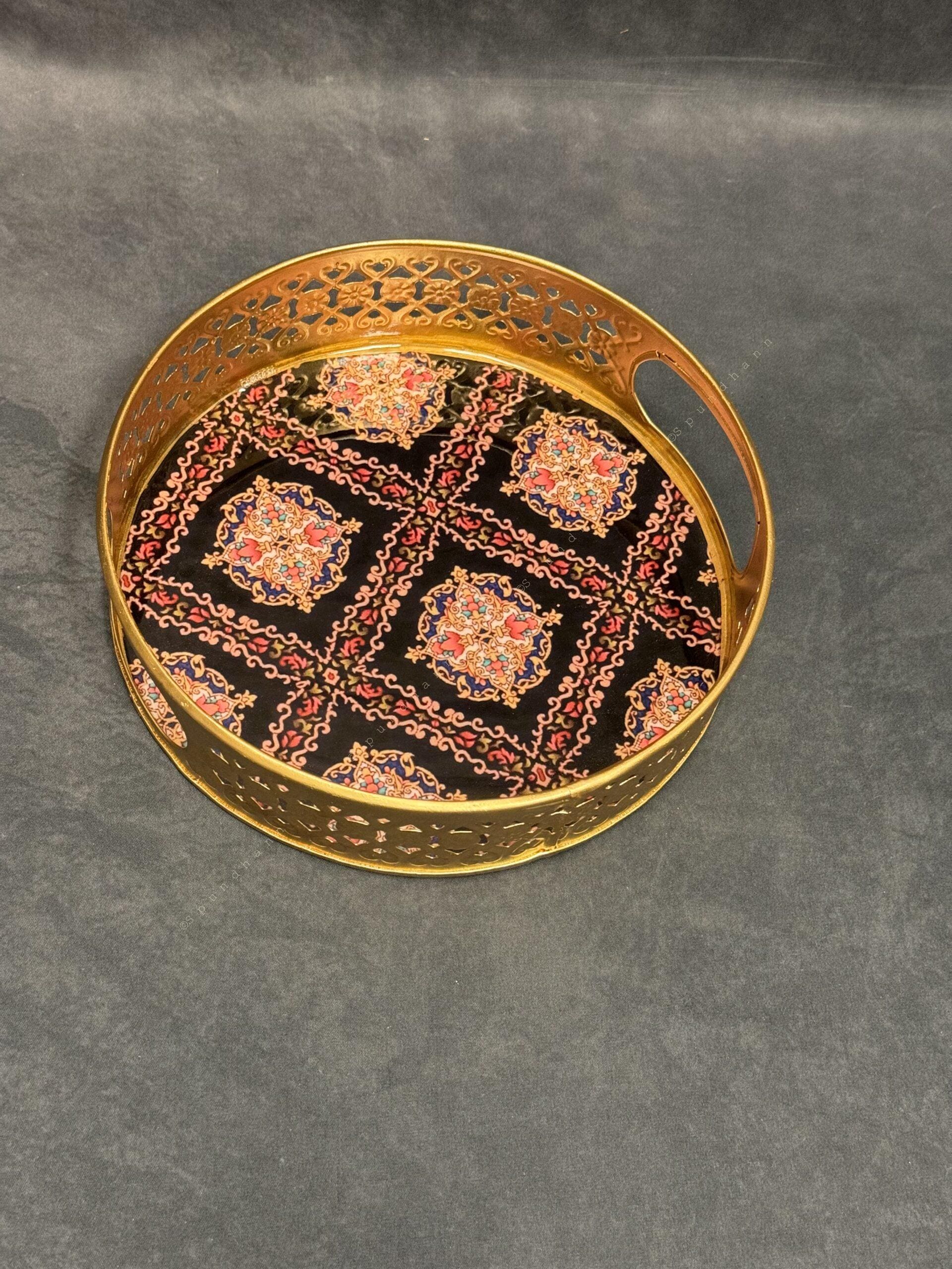 Circular Golden Tray With Pichwai Art Picture Set of 2