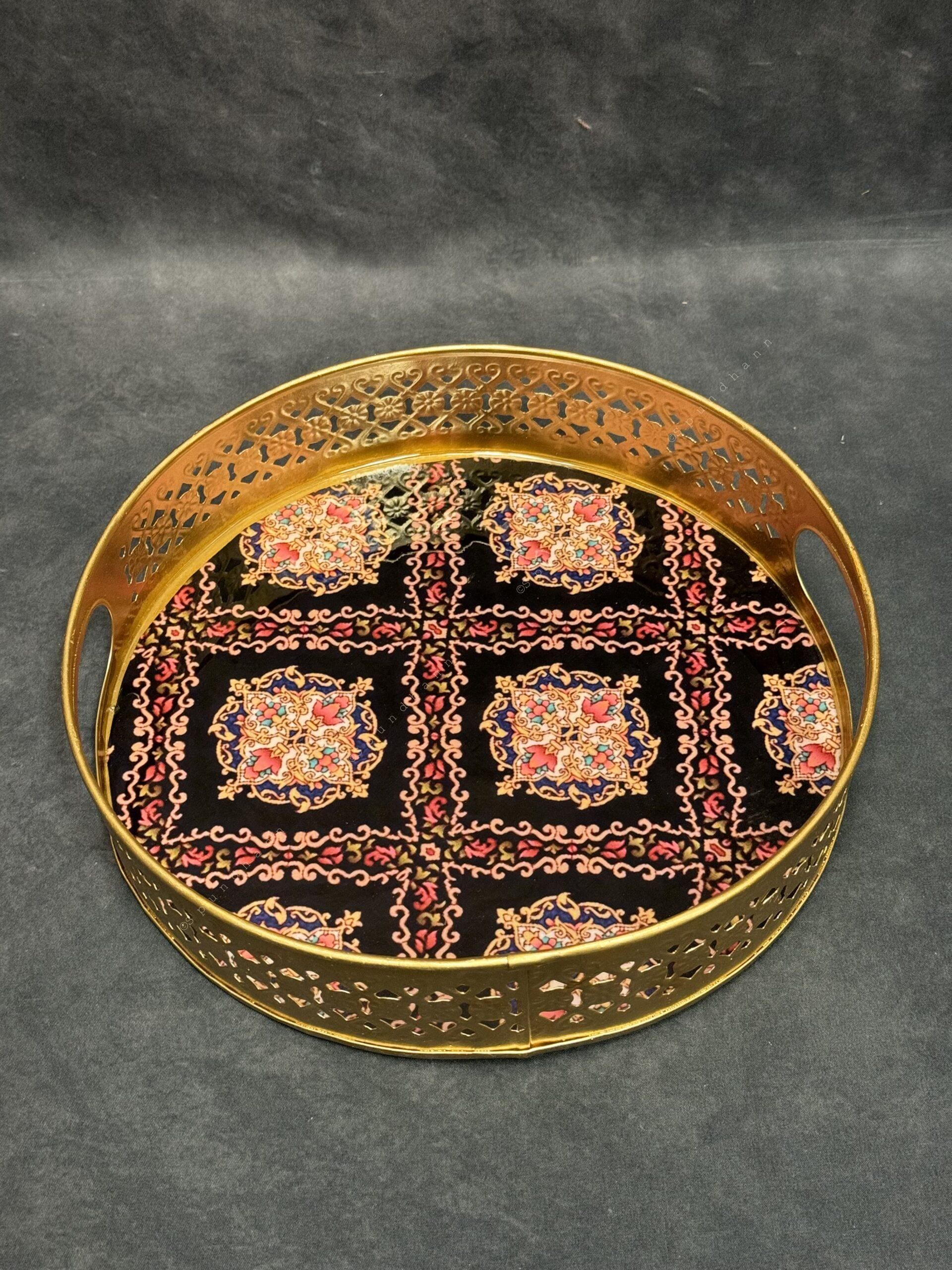 Circular Golden Tray With Pichwai Art Picture Set of 2