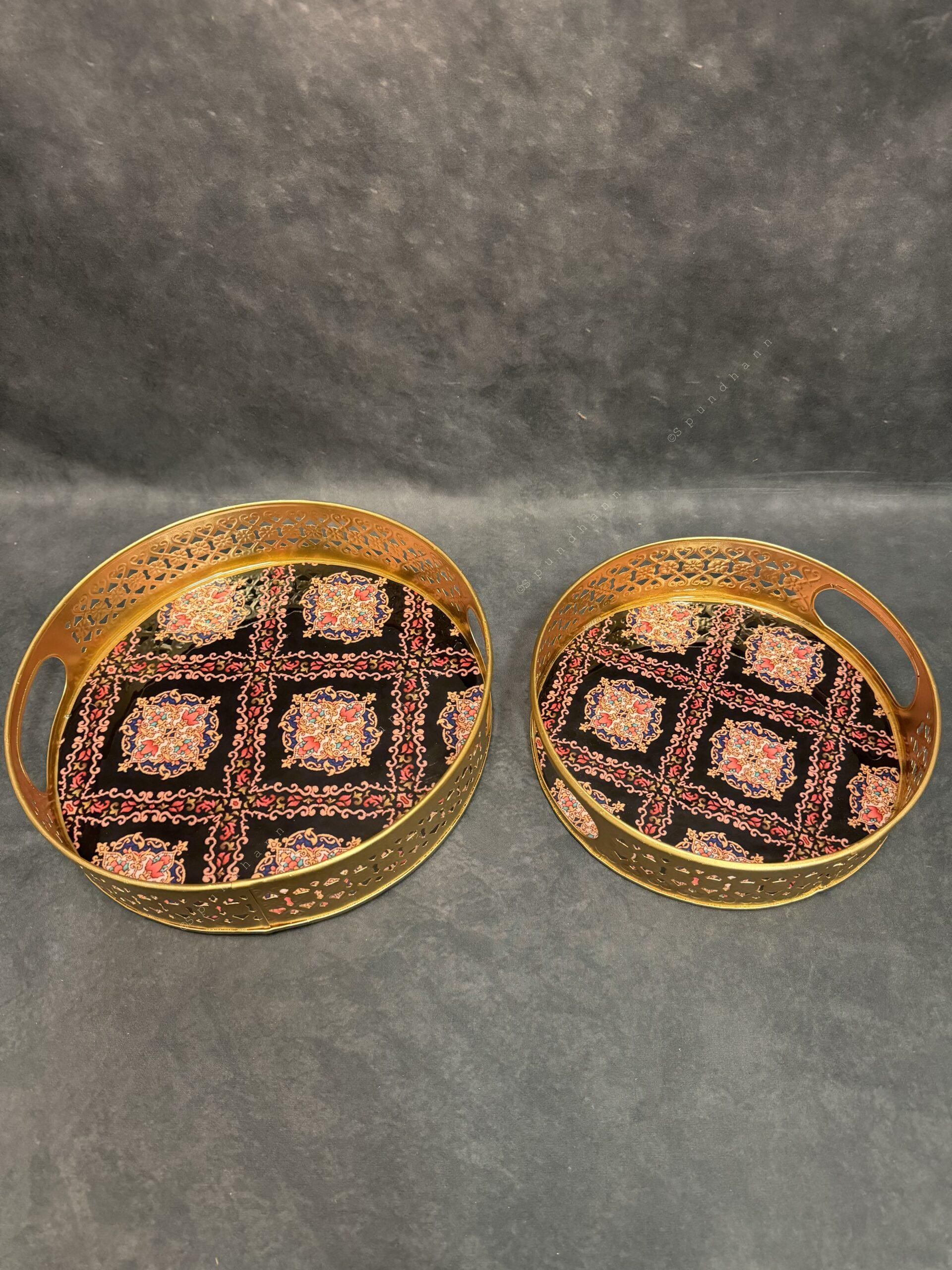 Circular Golden Tray With Pichwai Art Picture Set of 2