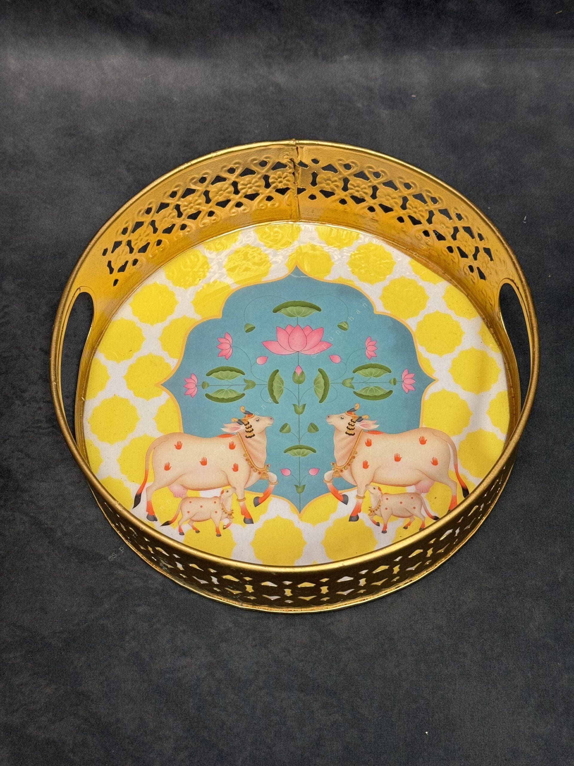 Circular Golden Tray With Pichwai Art Picture Set of 2