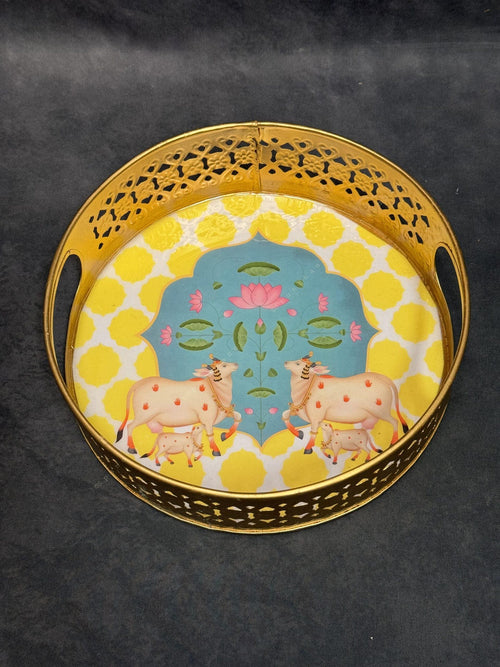 Circular Golden Tray With Pichwai Art Picture Set of 2