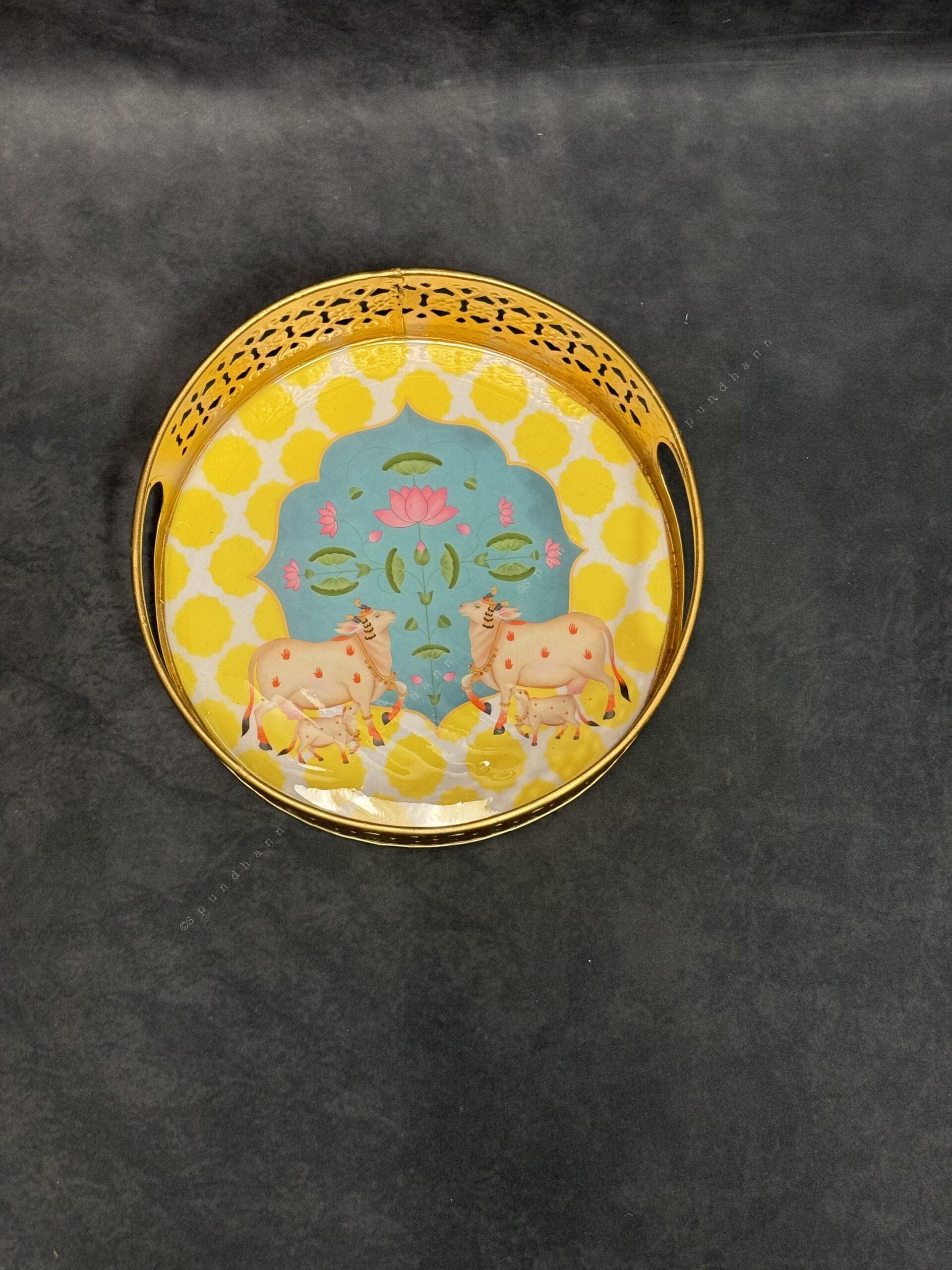 Circular Golden Tray With Pichwai Art Picture Set of 2