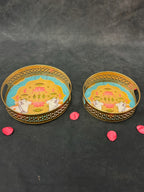 Circular Golden Tray With Pichwai Art Picture Set of 2