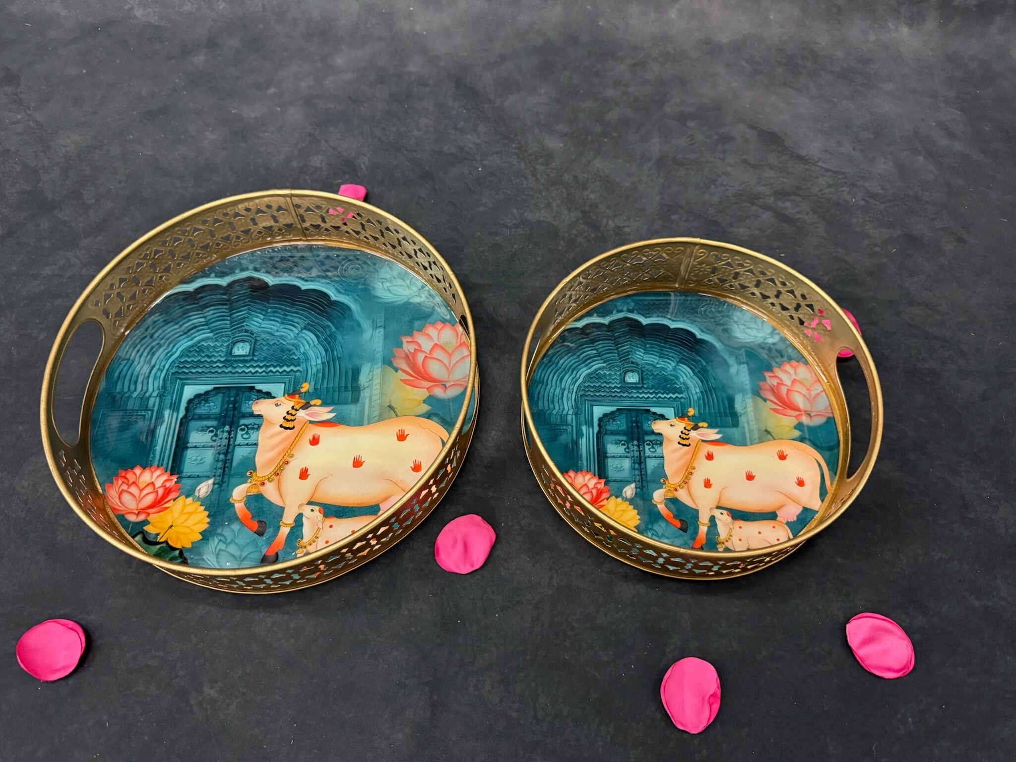 Circular Golden Tray With Pichwai Art Picture Set of 2