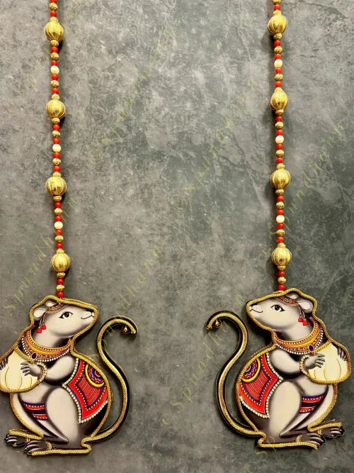 Mouse Wooden Cutout With Pearl and Bead String Pair