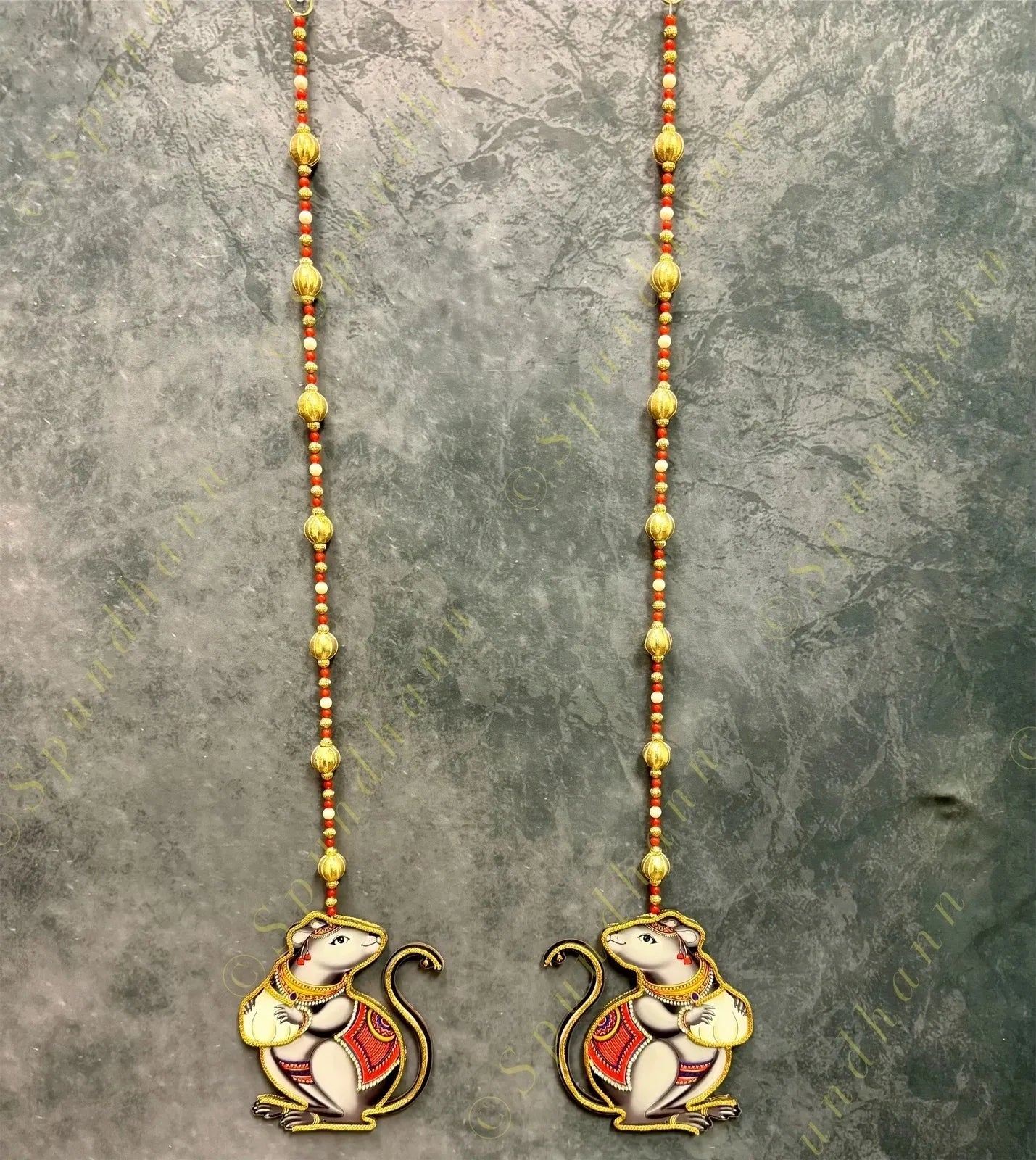 Mouse Wooden Cutout With Pearl and Bead String Pair