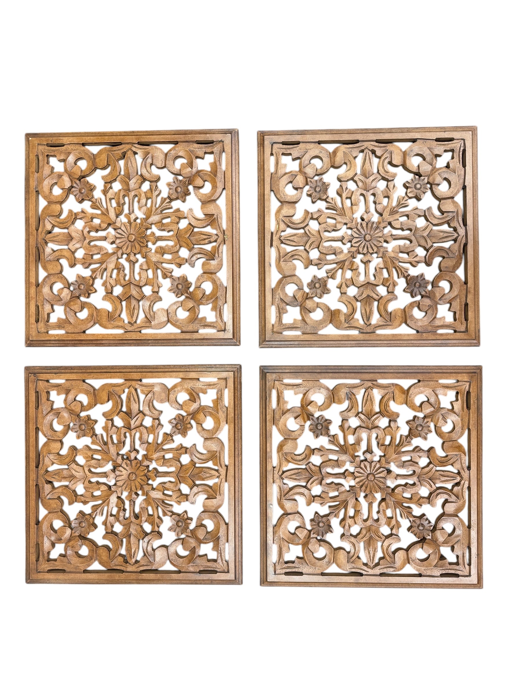 Framed Carved Wooden Wall Panel Floral Design (Set of 4)