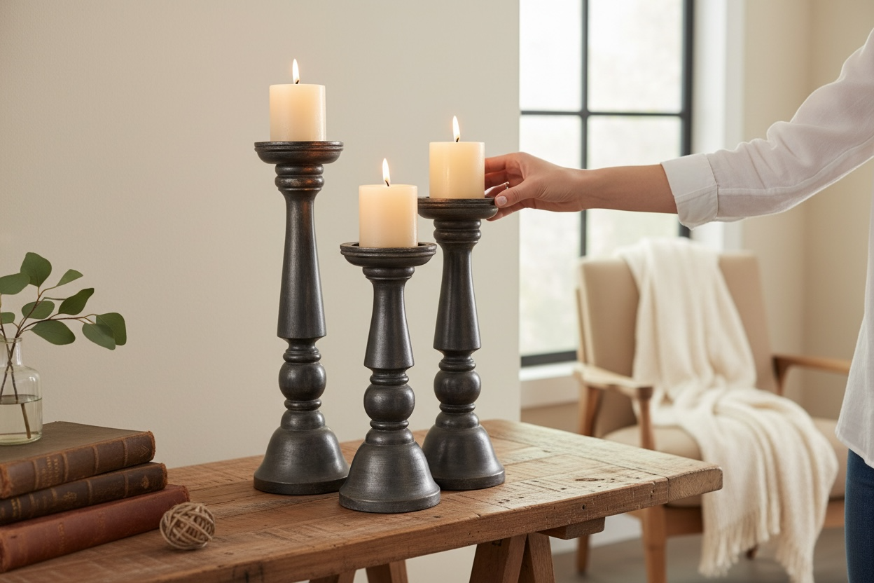 Handcrafted Wooden Candle Holder Set (Set of 3 Natural/Grey Finish)
