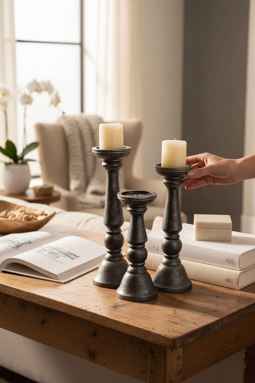 Handcrafted Wooden Candle Holder Set (Set of 3 Natural/Grey Finish)