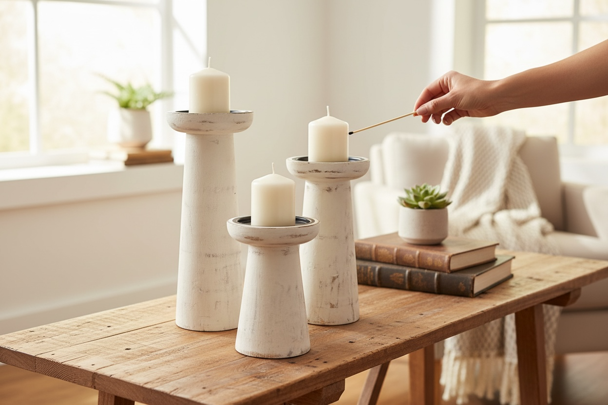 Arctic Candle Holder Set of 3 White Marble Finish