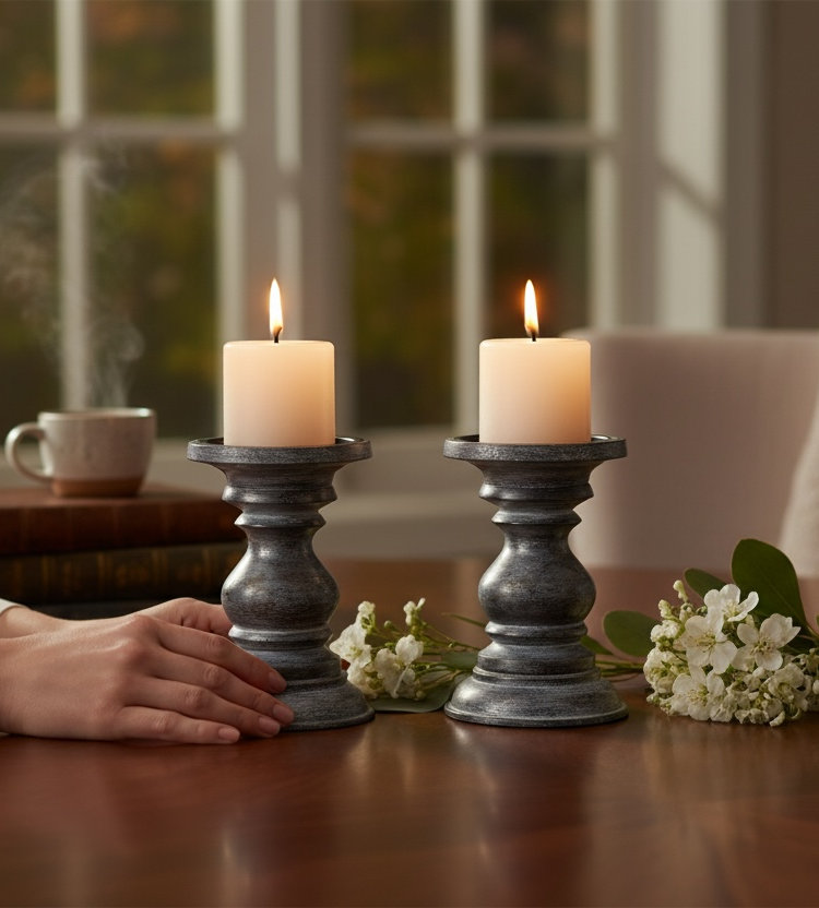 Rowan Wooden Candle Holder Pair (Black / Natural Brown)