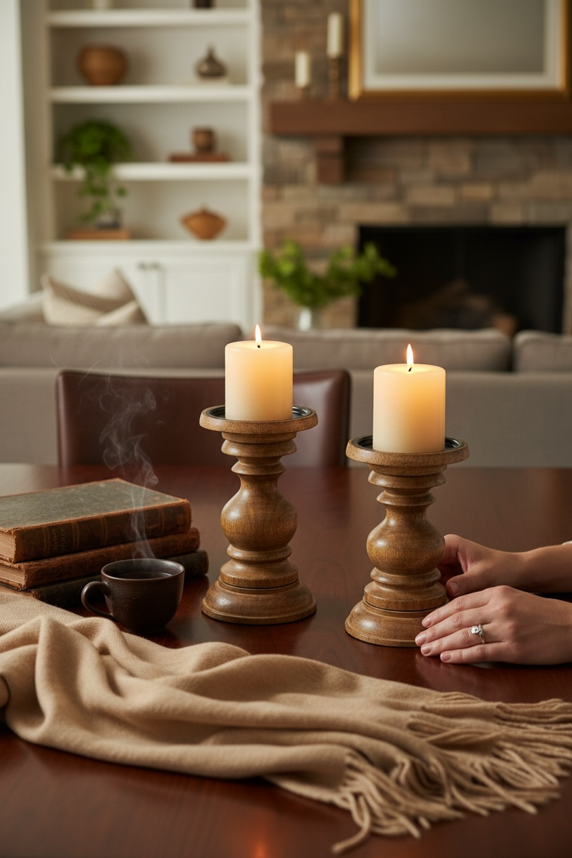Rowan Wooden Candle Holder Pair (Black / Natural Brown)