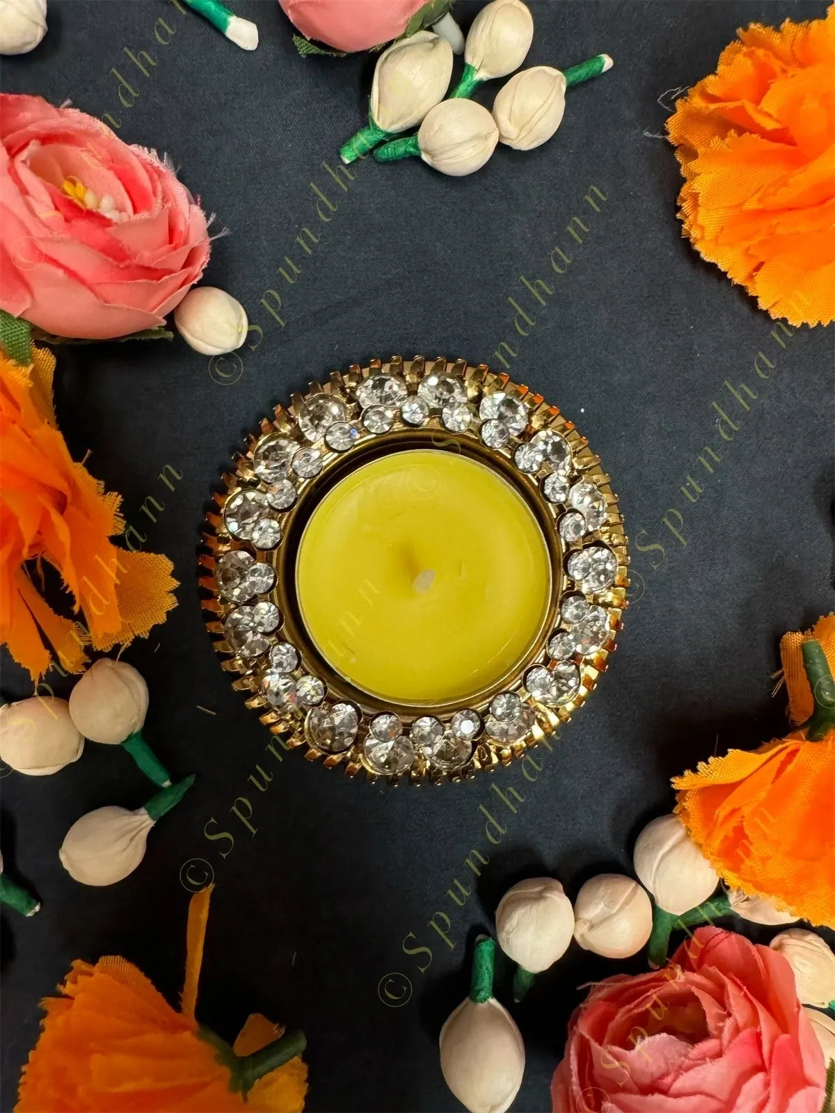 Rustic Shiny Gold Finish Tea Light Holder With Stones