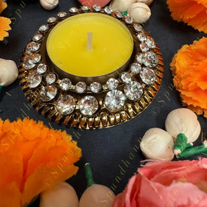 Rustic Shiny Gold Finish Tea Light Holder With Stones