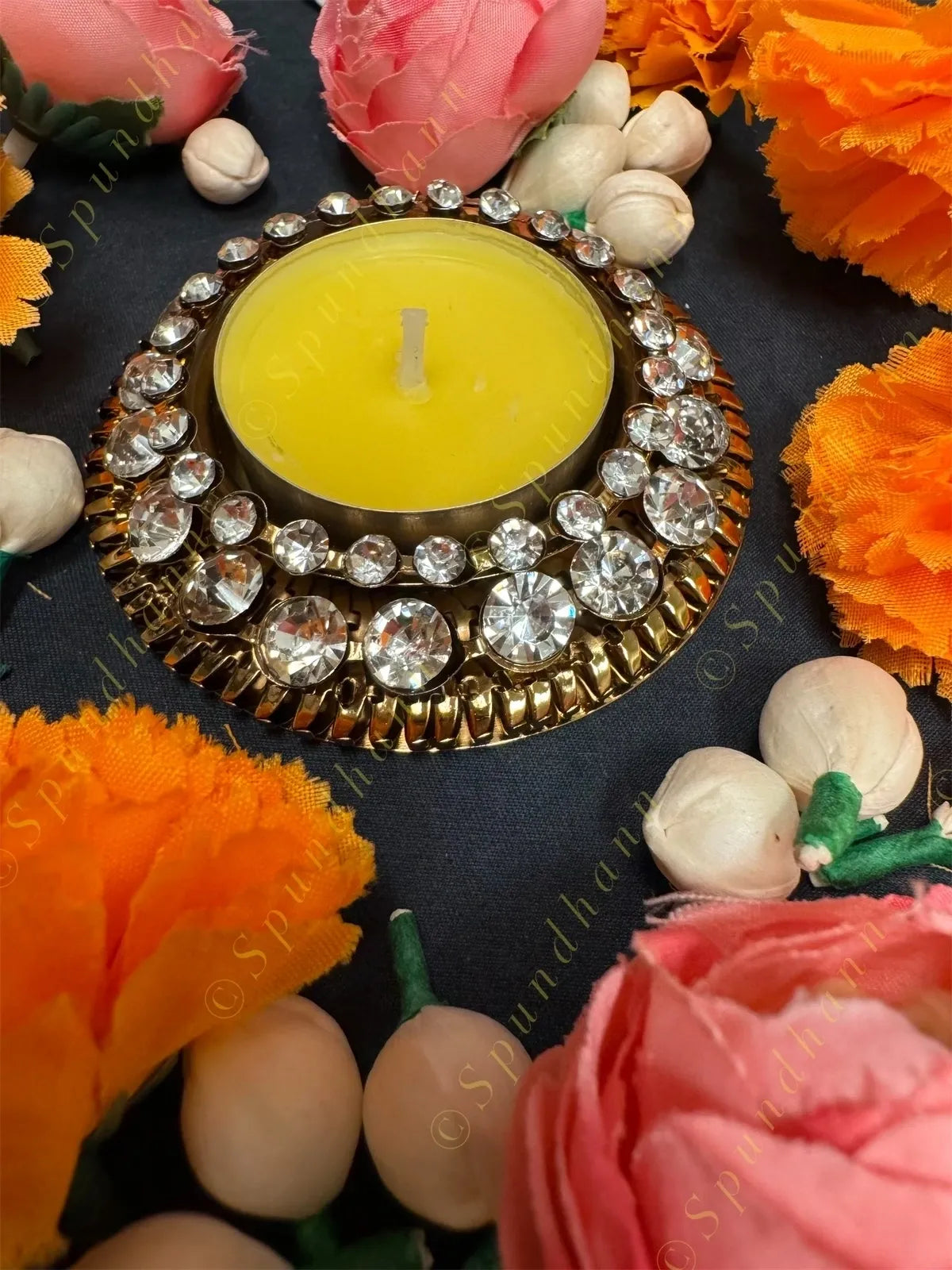 Rustic Shiny Gold Finish Tea Light Holder With Stones