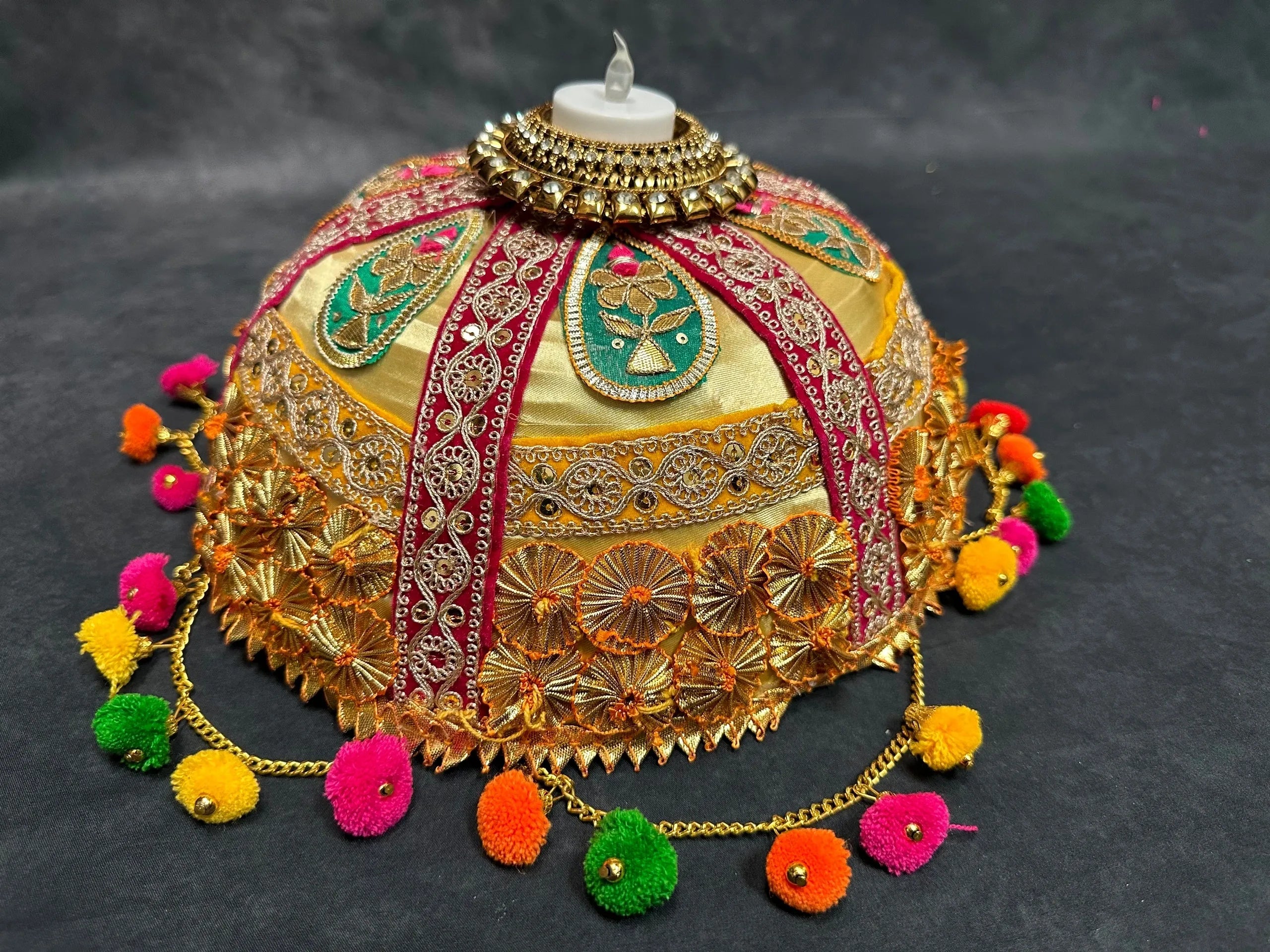 Tokri with Gota Work and Pom Pom Tea Light Holder