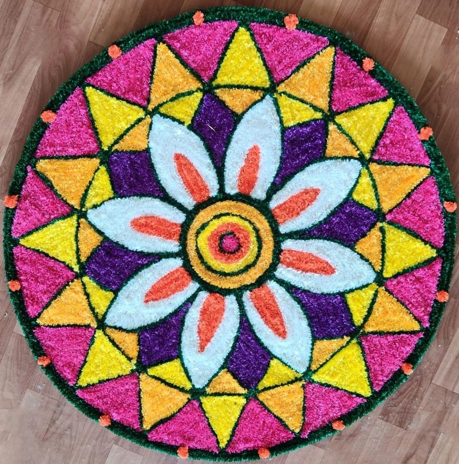 Maroon, Yellow and White Floral Rangoli Floor Mat