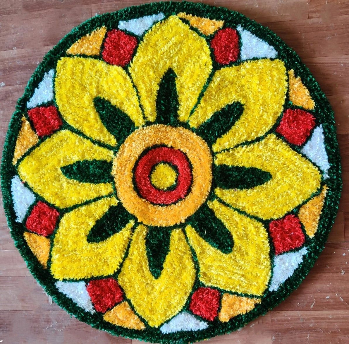 Medium Yellow, White, Orange & Red Round Floral Rangoli Floor Mat