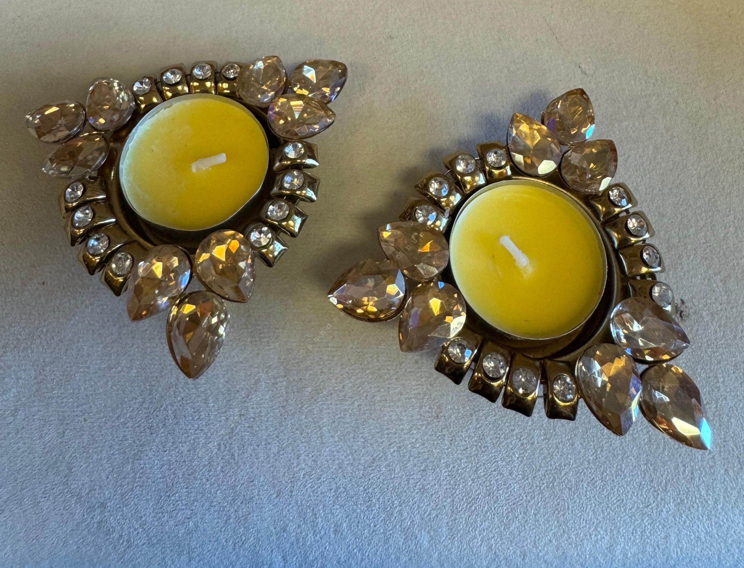 Triple Gold Leaf and White Studded Tealight Holder Pair