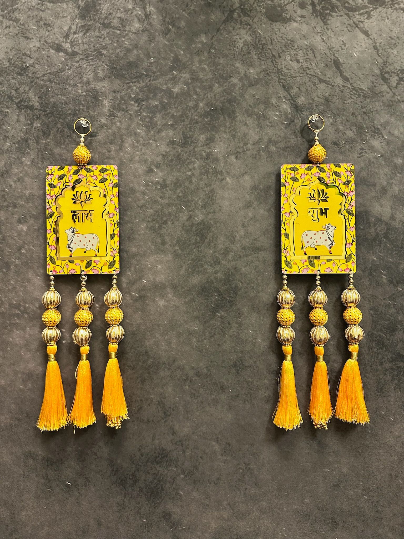Rectangle Shubh Labh With Cow and Tassel Pair