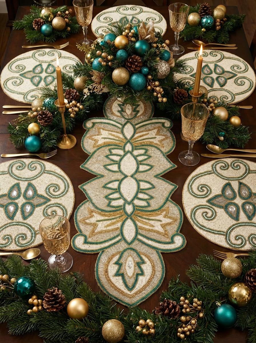 Regal Beaded Runner Teal Gold Finish