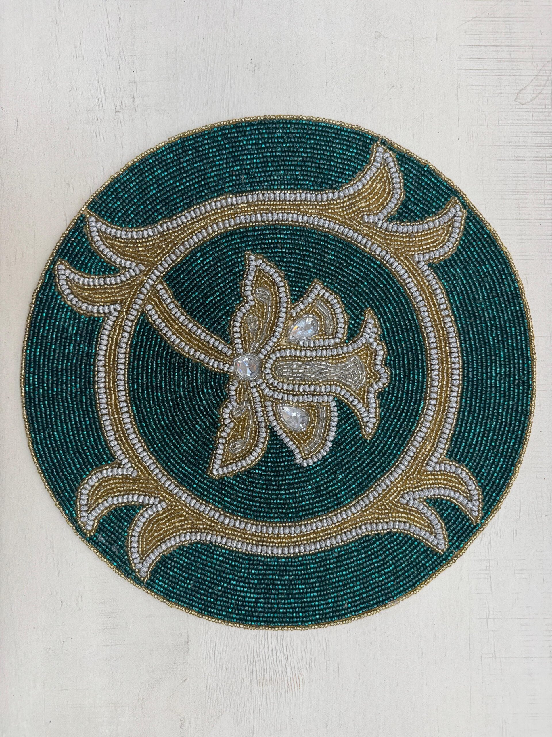 Selene Beaded Round Mat Gold & Emerald