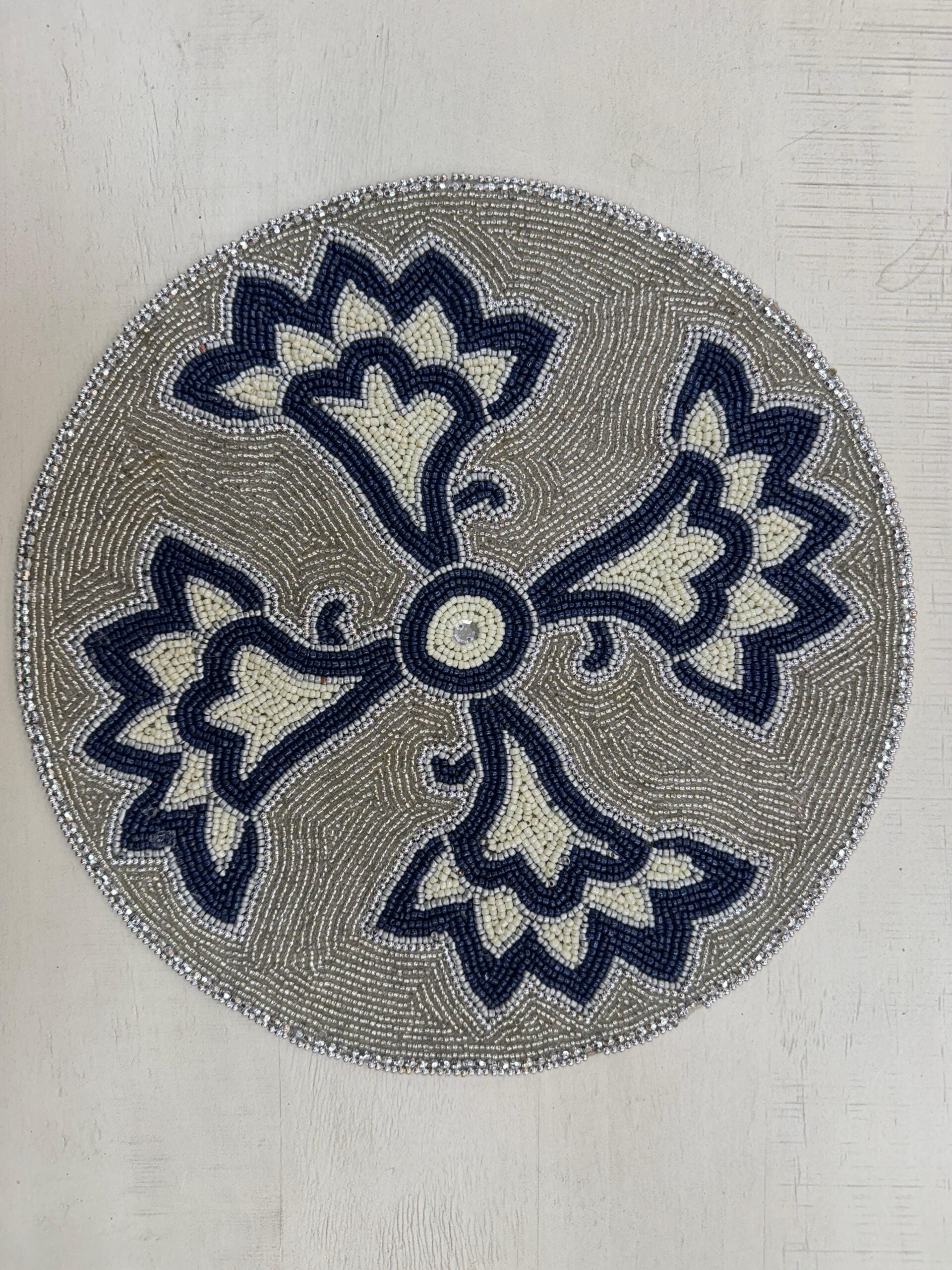 Navy Fleur Beaded Round Mat Silver & Blue