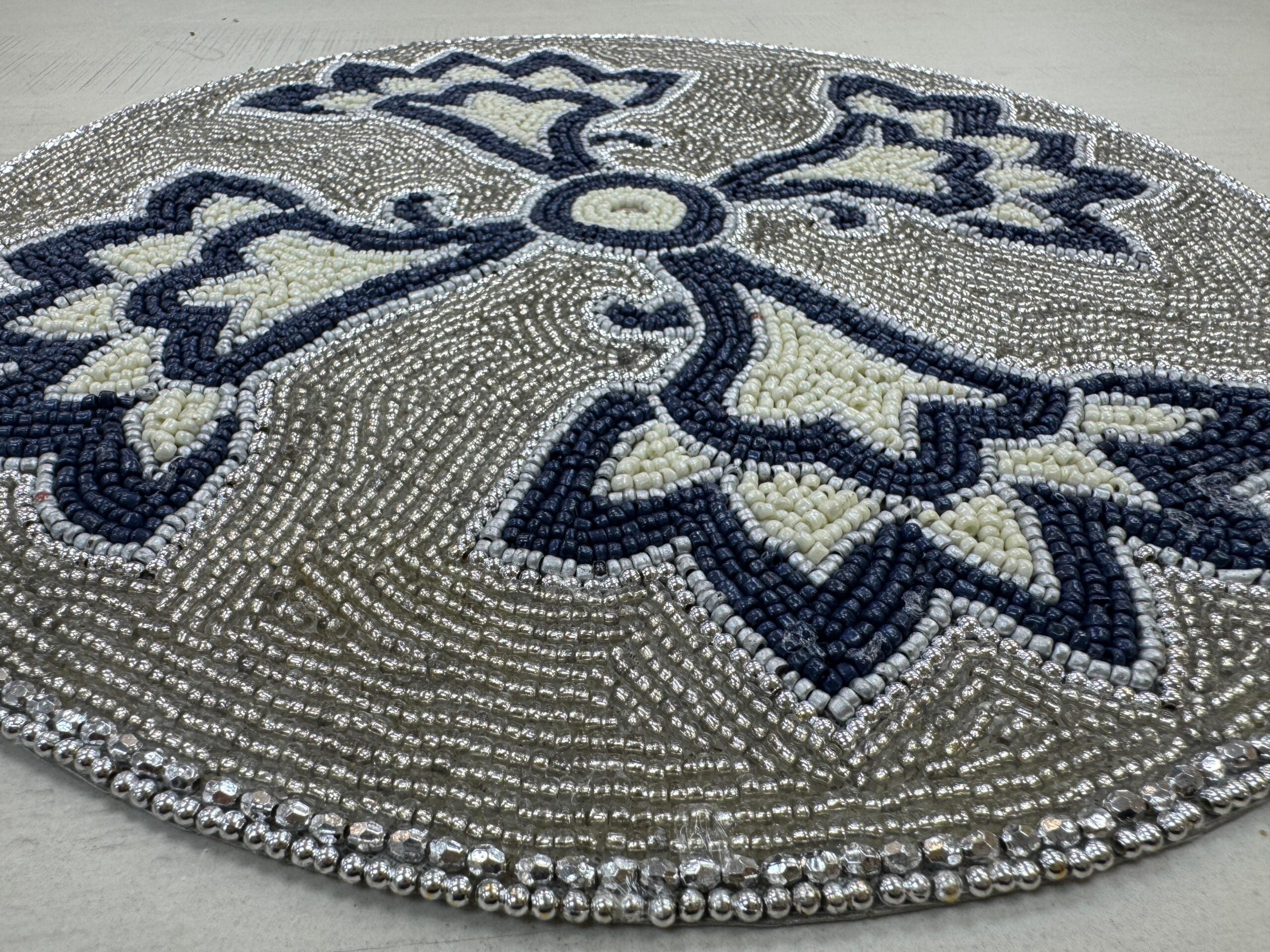 Navy Fleur Beaded Round Mat Silver & Blue