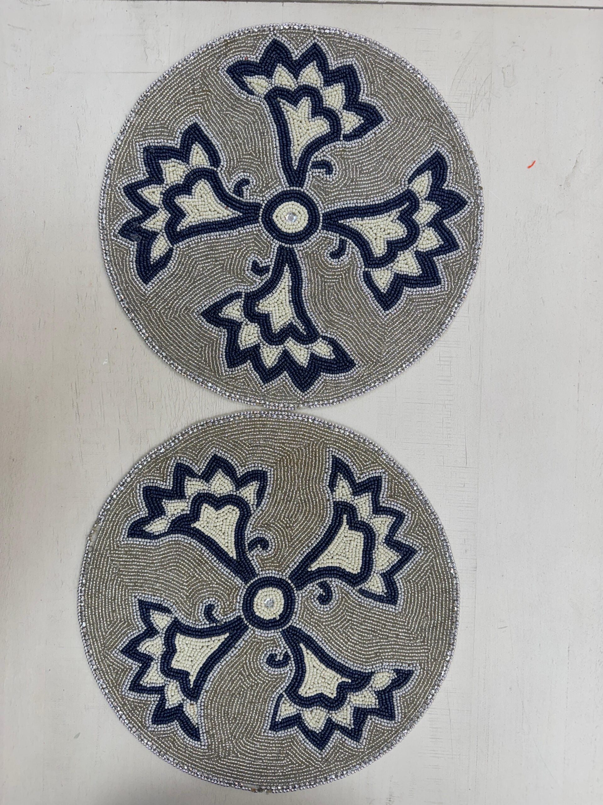 Navy Fleur Beaded Round Mat Silver & Blue