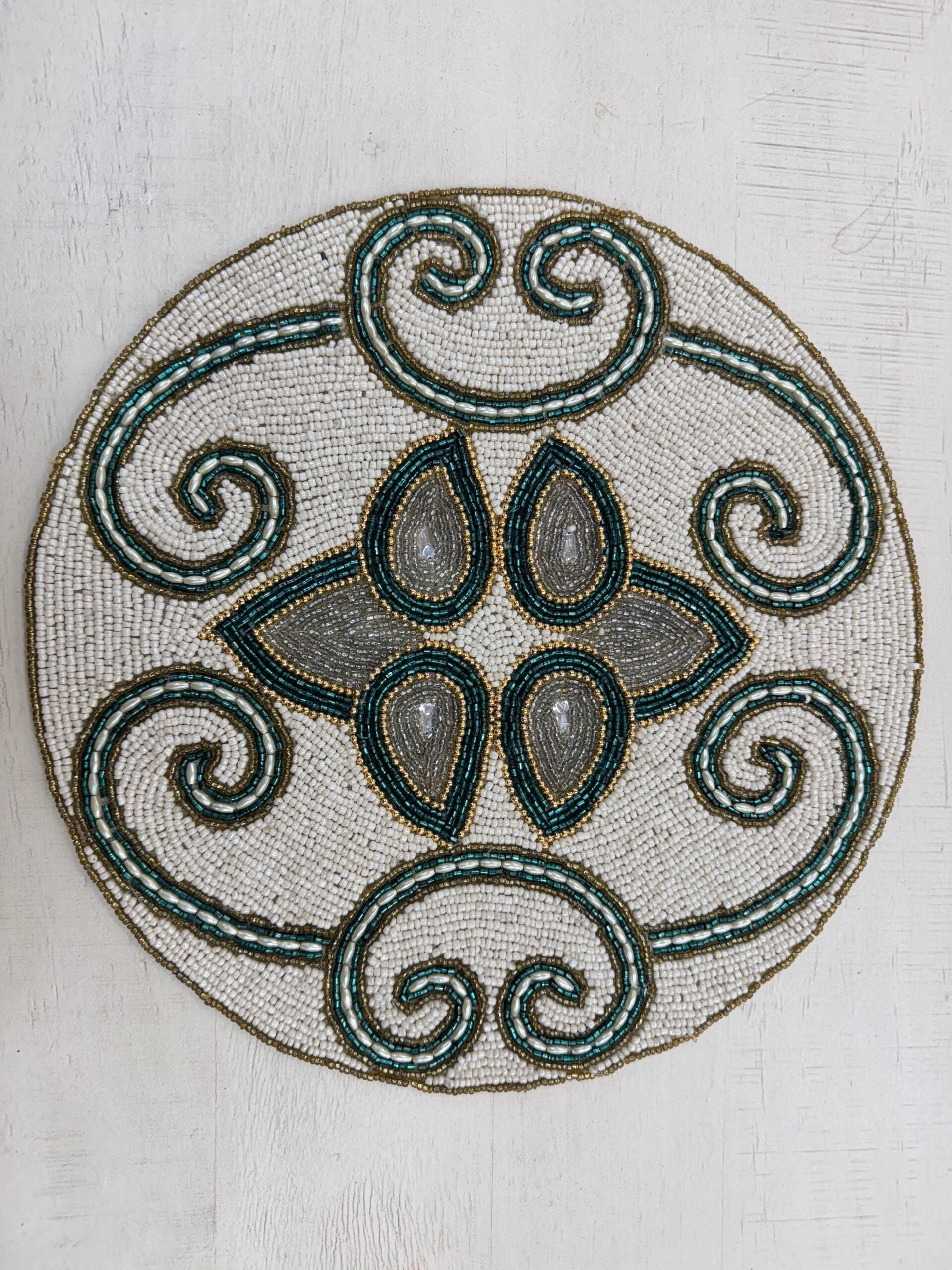 Opal Swirl Beaded Round Mat Teal & Gold