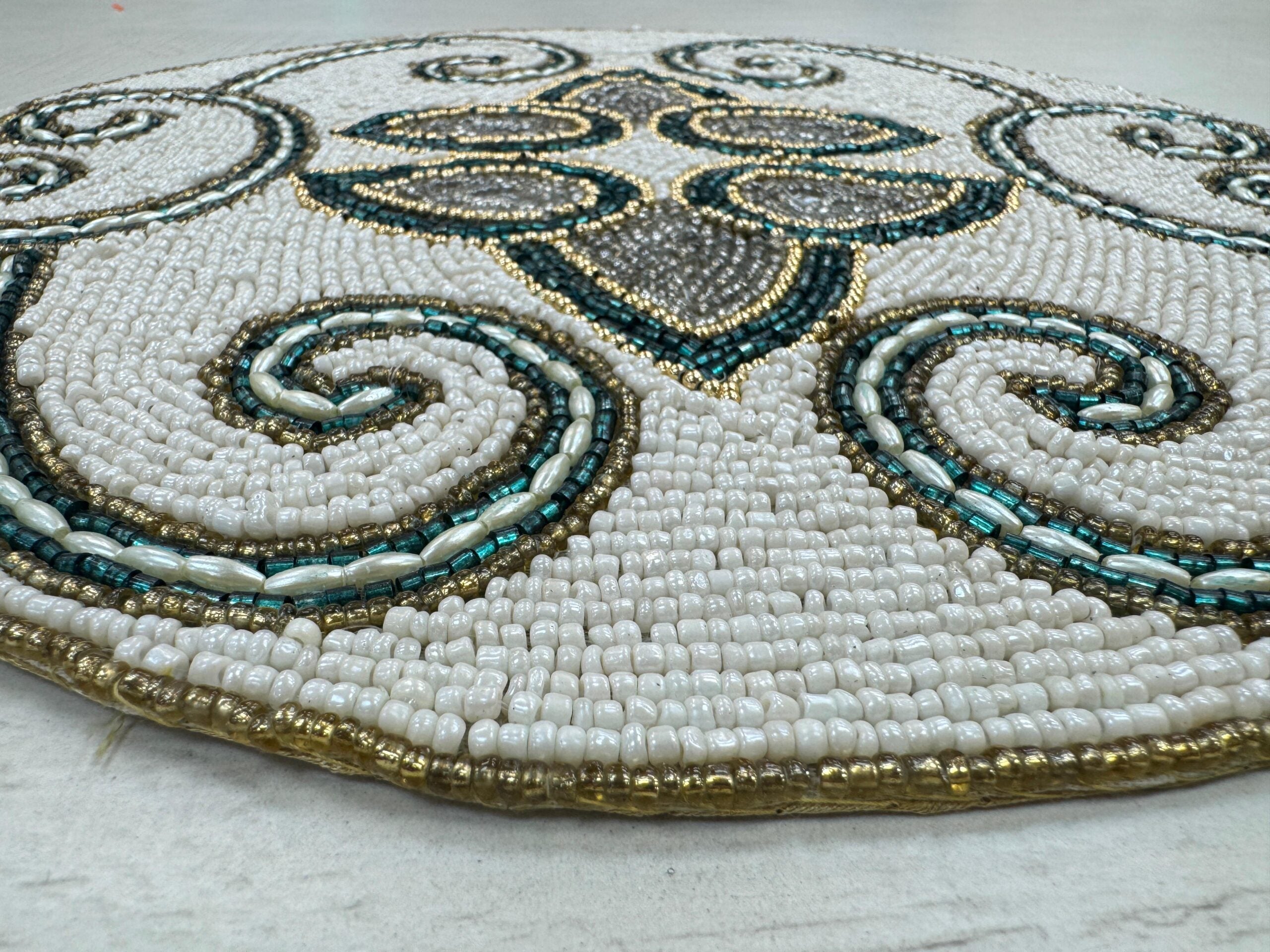 Opal Swirl Beaded Round Mat Teal & Gold