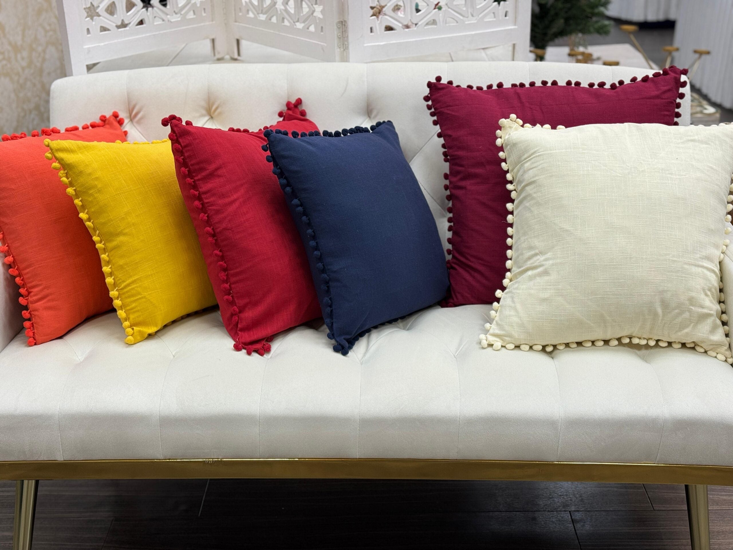Vibrant Pom-Pom Trim Decorative Cushion Cover (Pair)