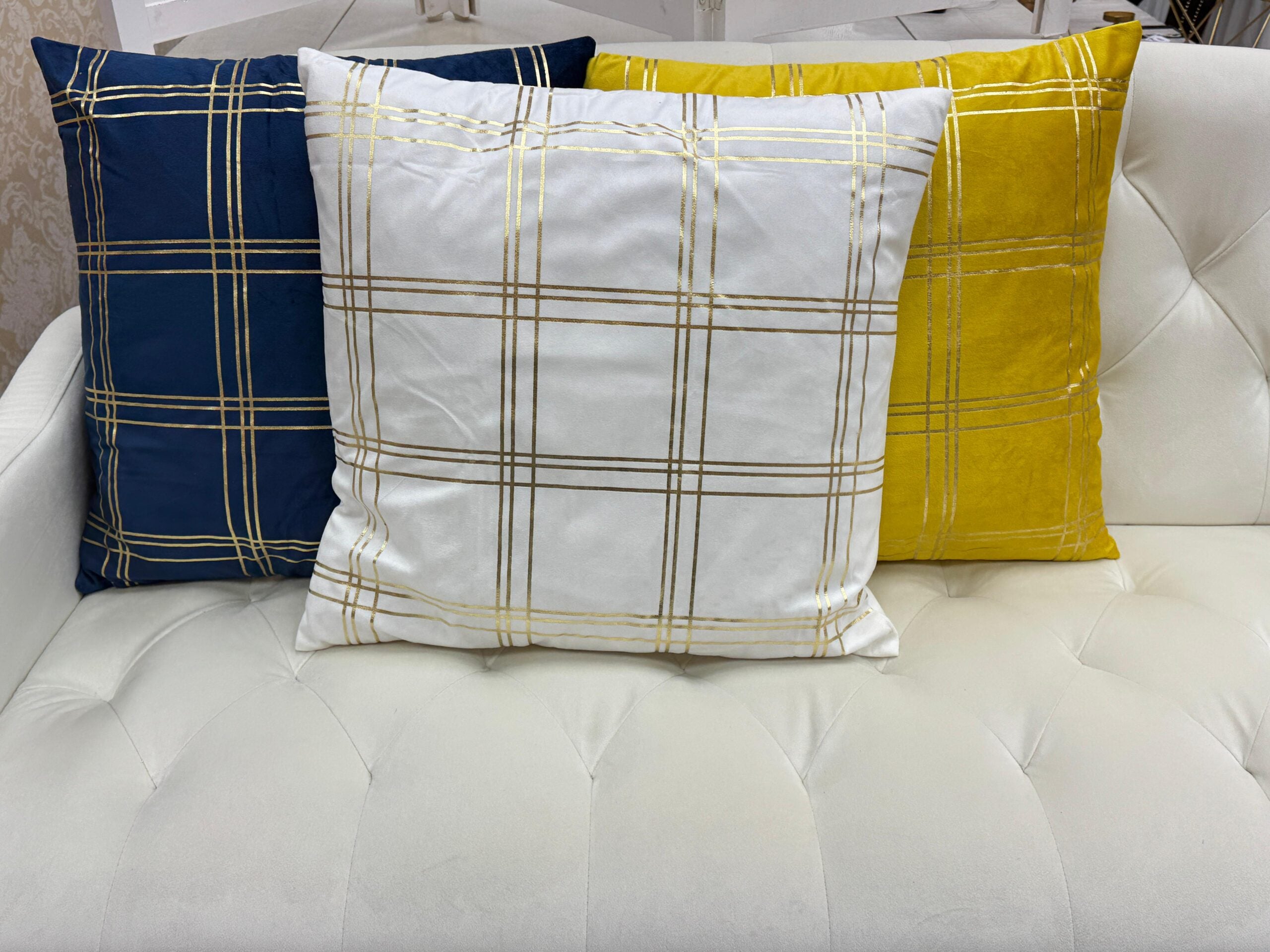 Luxury Gold Grid Velvet Cushion Cover (Pair)