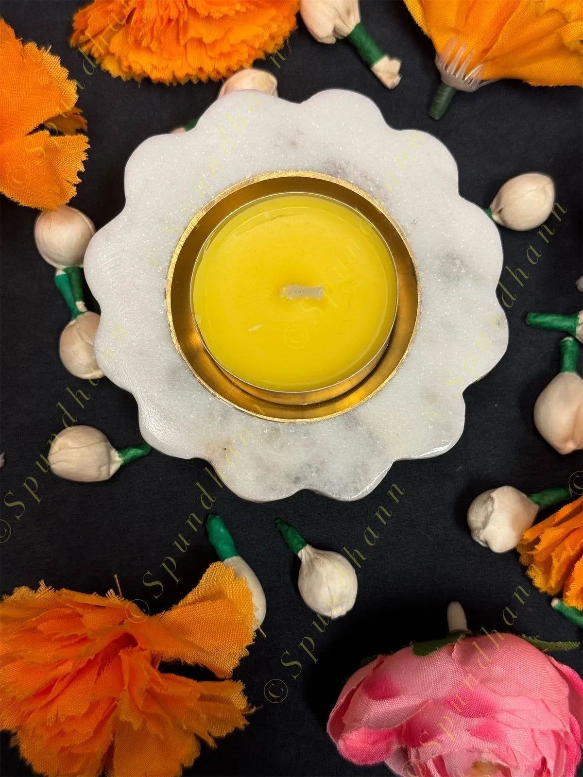 White Marble Flower Shape Diya- Design 2