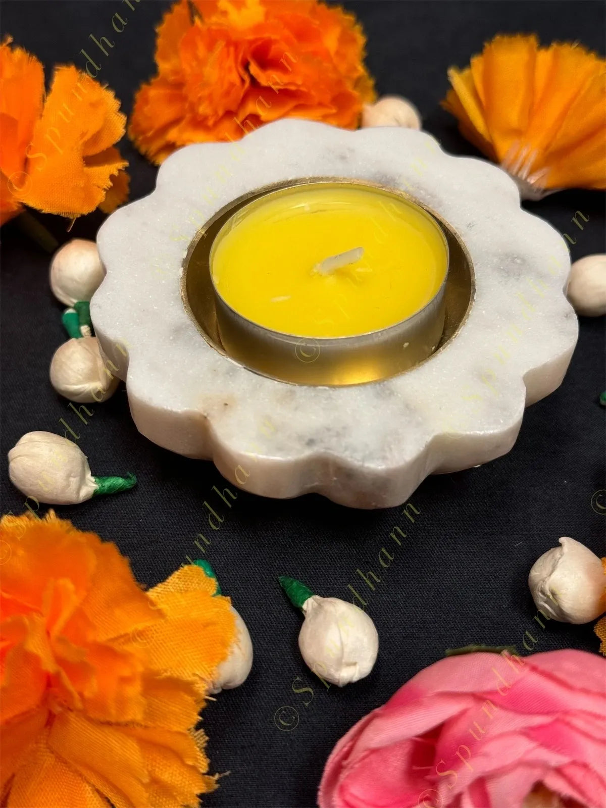 White Marble Flower Shape Diya- Design 2