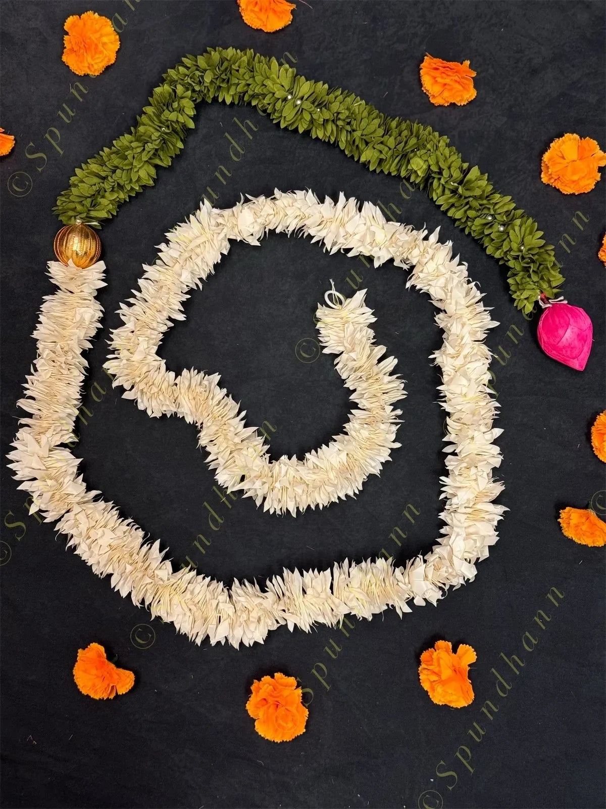 White and Green Chameli String With Lotus Bud