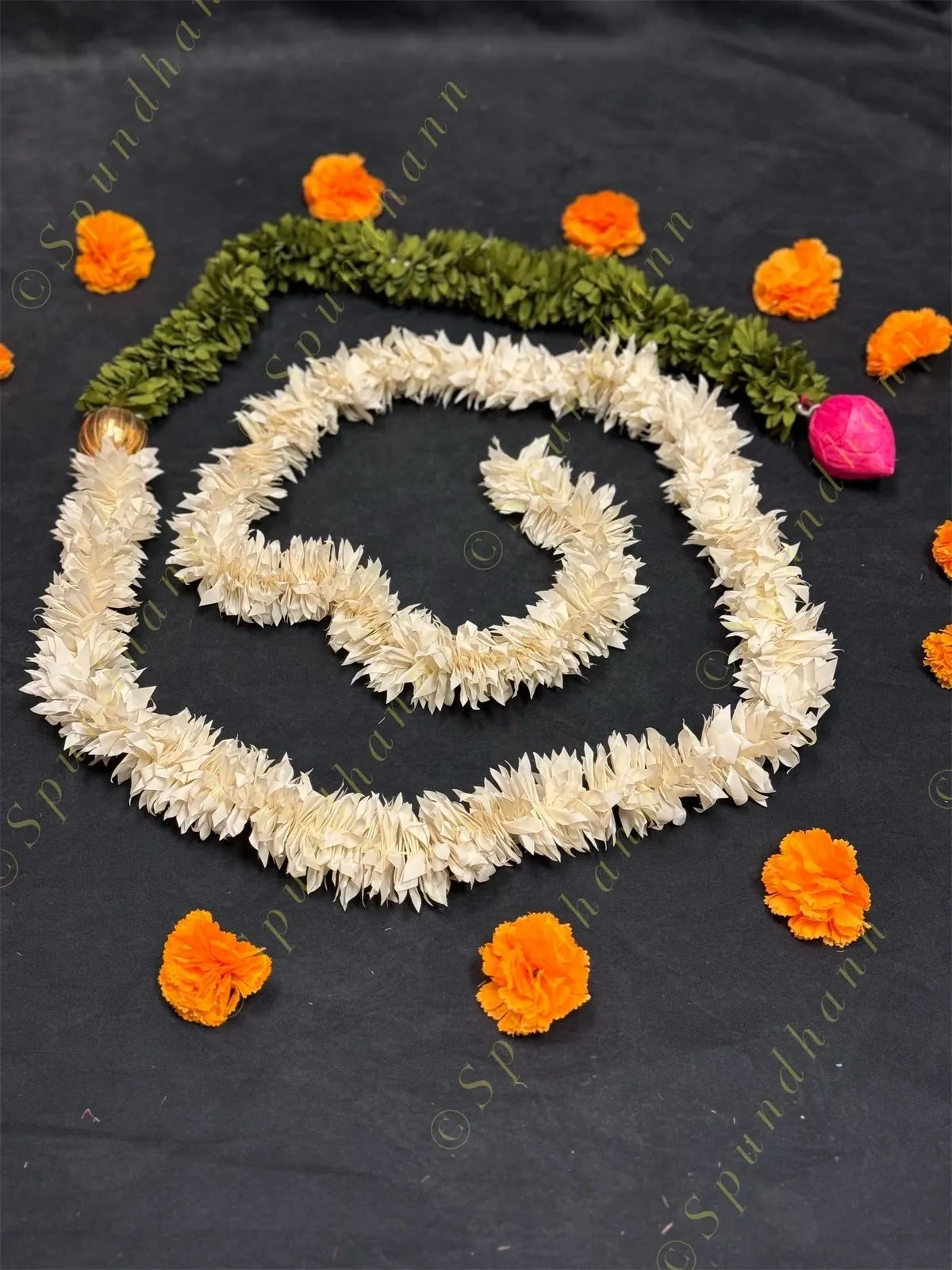 White and Green Chameli String With Lotus Bud
