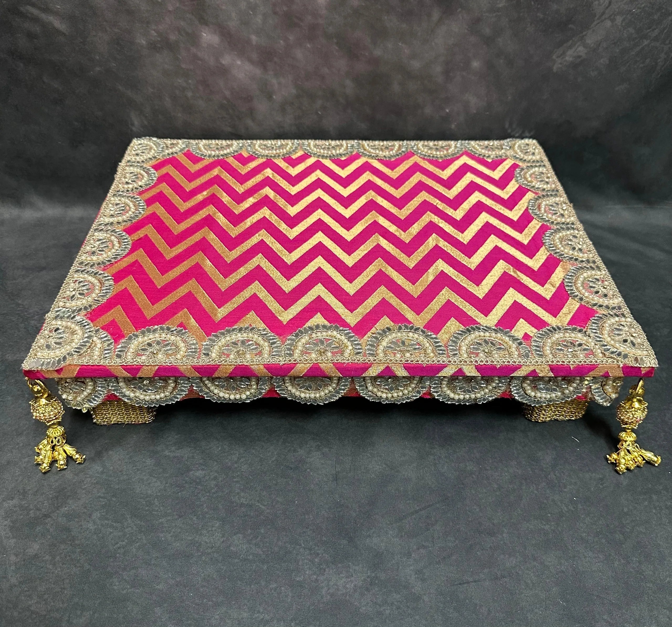 Wood Chowki With Mirror and Pearl Work