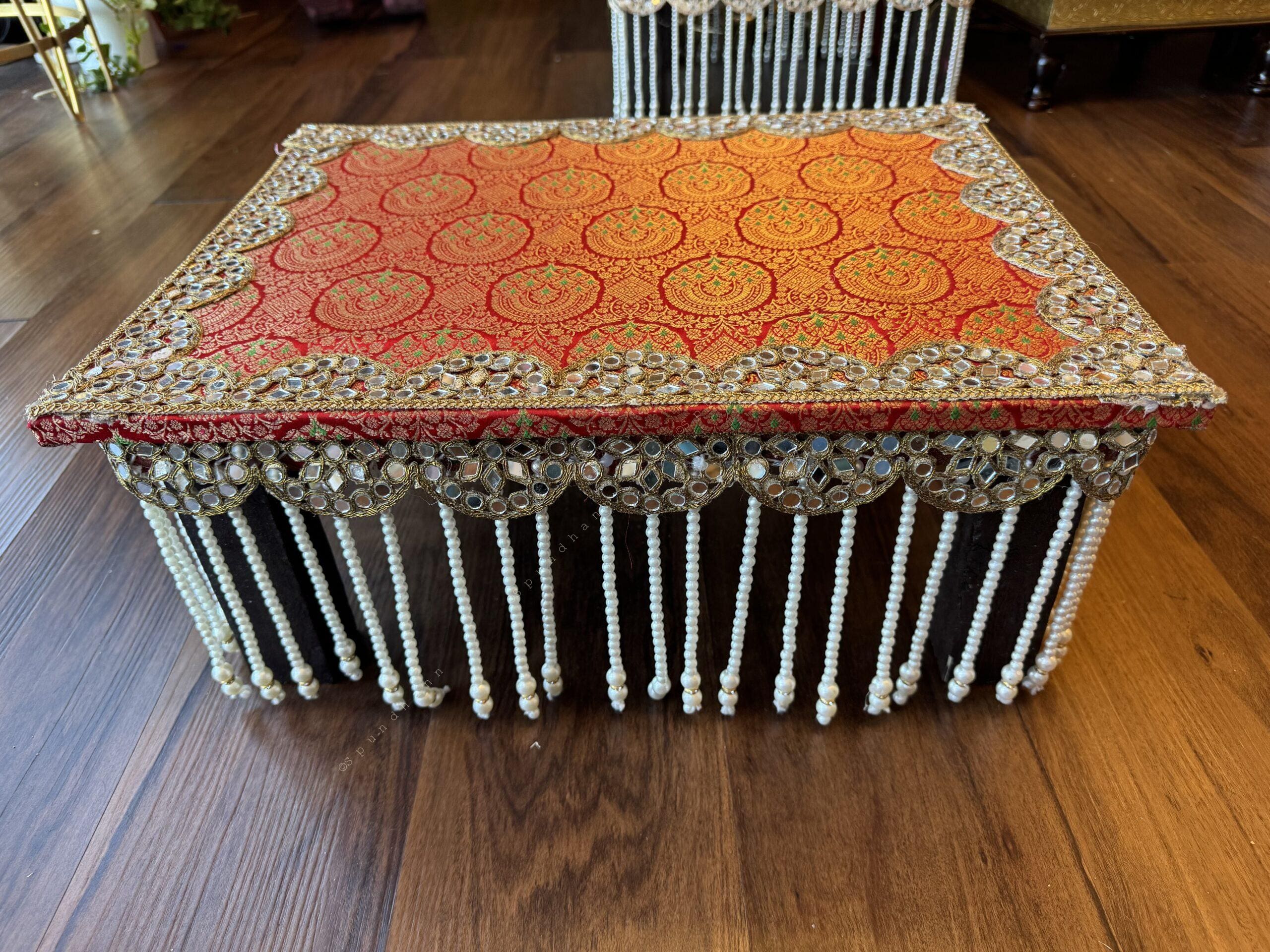 Wooden Chowki Stool With Pearl Hanging and Mirror