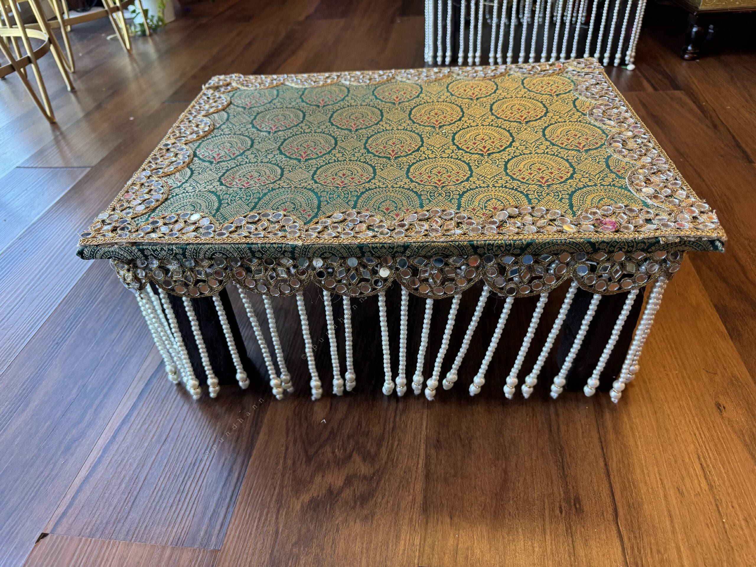 Wooden Chowki Stool With Pearl Hanging and Mirror