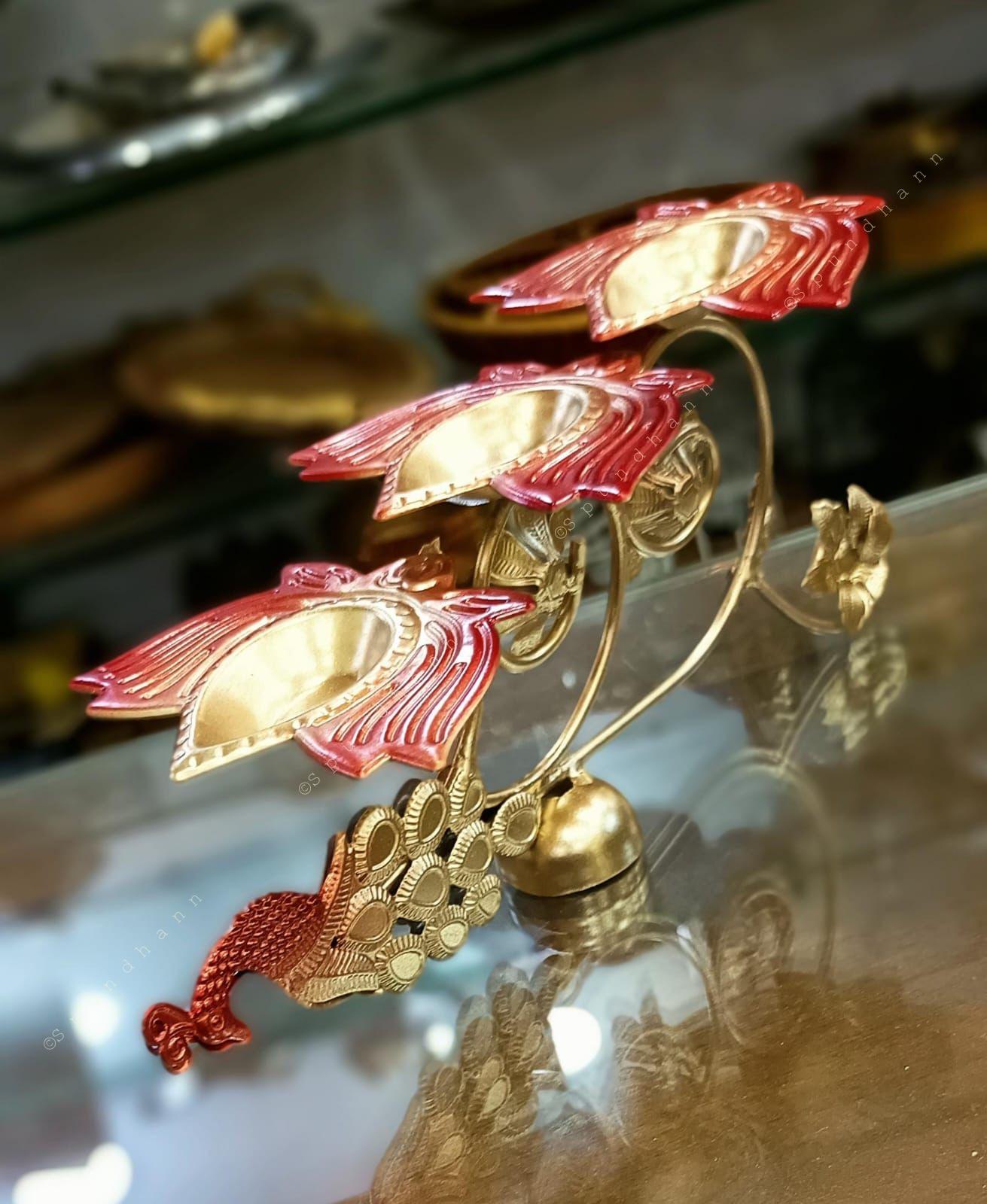 Triple Lotus Peacock Chariot Tea Light Holder