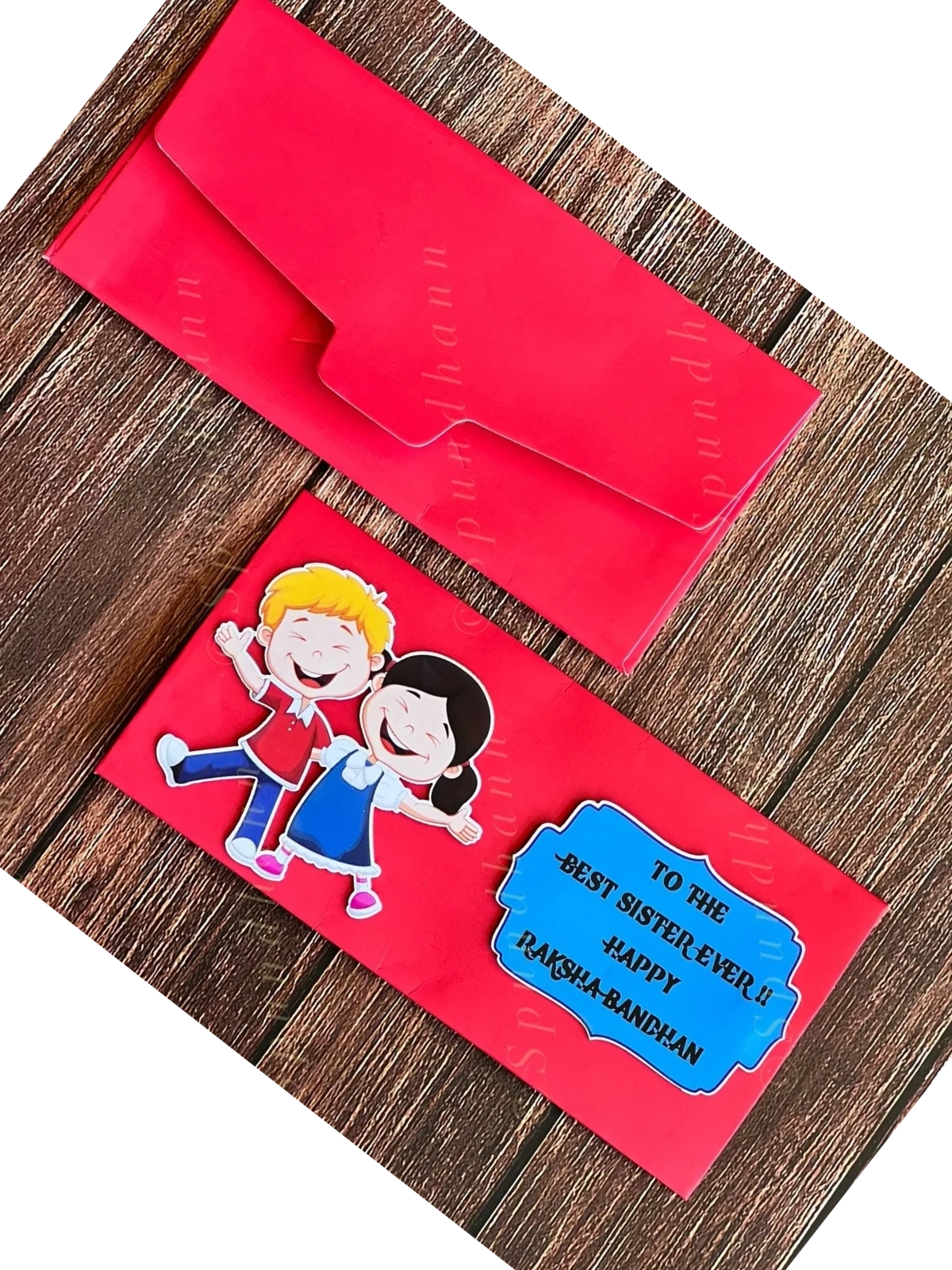Rakhi Envelope in Red Color with Dancing Siblings